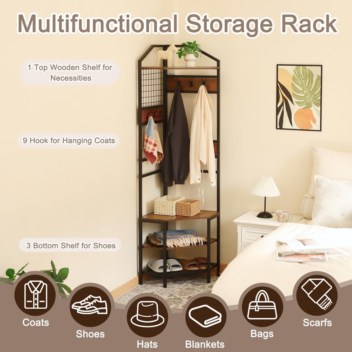 SIMHOMSTOR Heavy Duty Corner Hall Tree Organizer, 3-in-1 Industrial Freestanding Coat Storage Rack with Hooks and 4 Wooden Shelves for Entryway, Black