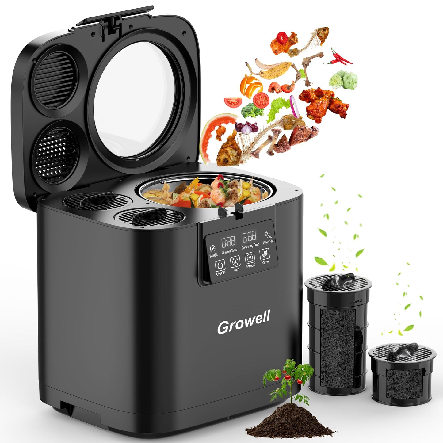 Growell 4L Electric Kitchen Composter, Countertop Compost Bin with Dual Carbon Filters, Visible Window, Auto-Clean, Quiet & Long-Life Upgraded Brushless Motor, Indoor Food Waste Composting Machine