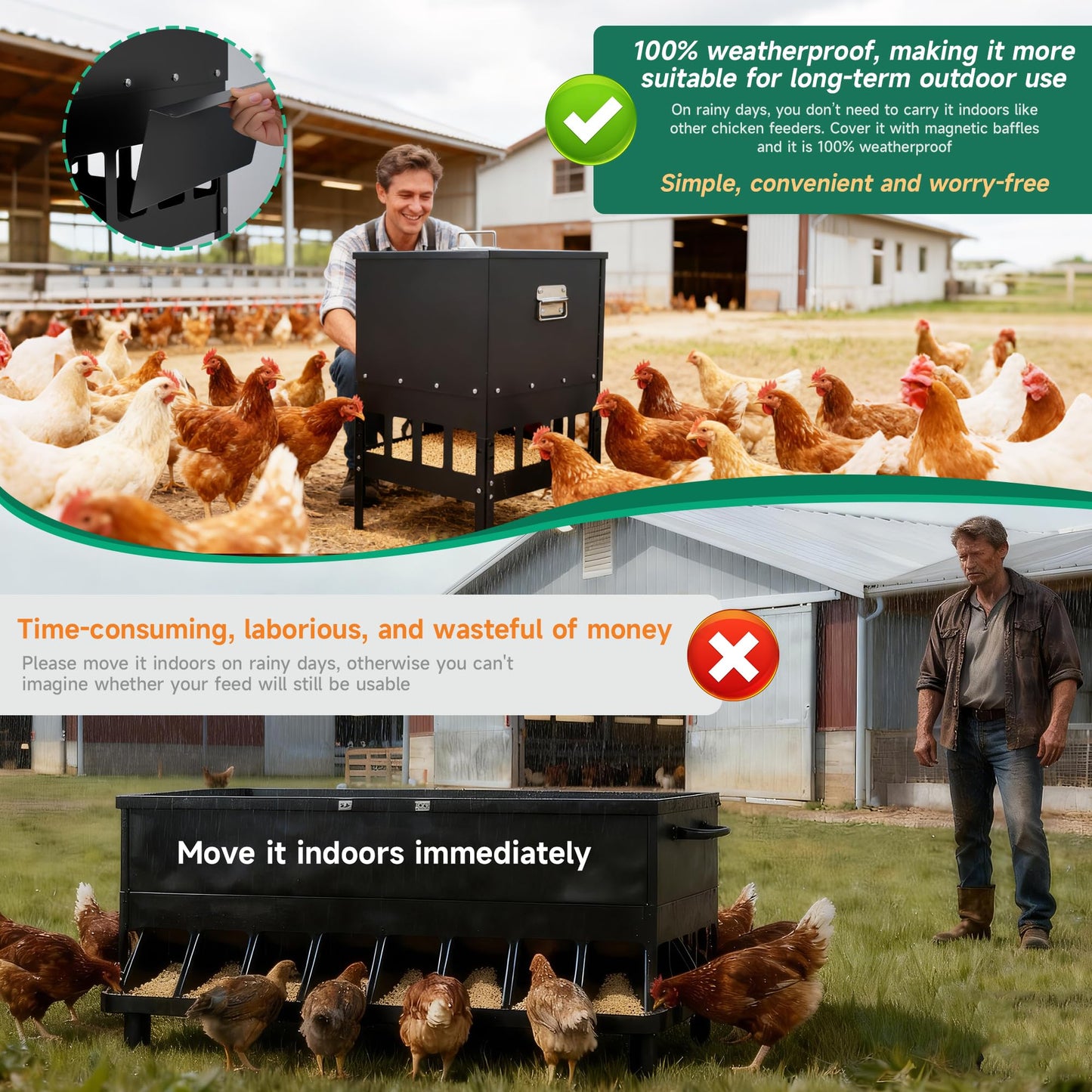 55-70LBS Large Chicken Feeder No Waste 16-Ports Automatic with Magnetic Baffle to Prevent Rodents and Mice Large Poultry Feeder Adjustable Height Suitable for All Poultry, Weatherproof
