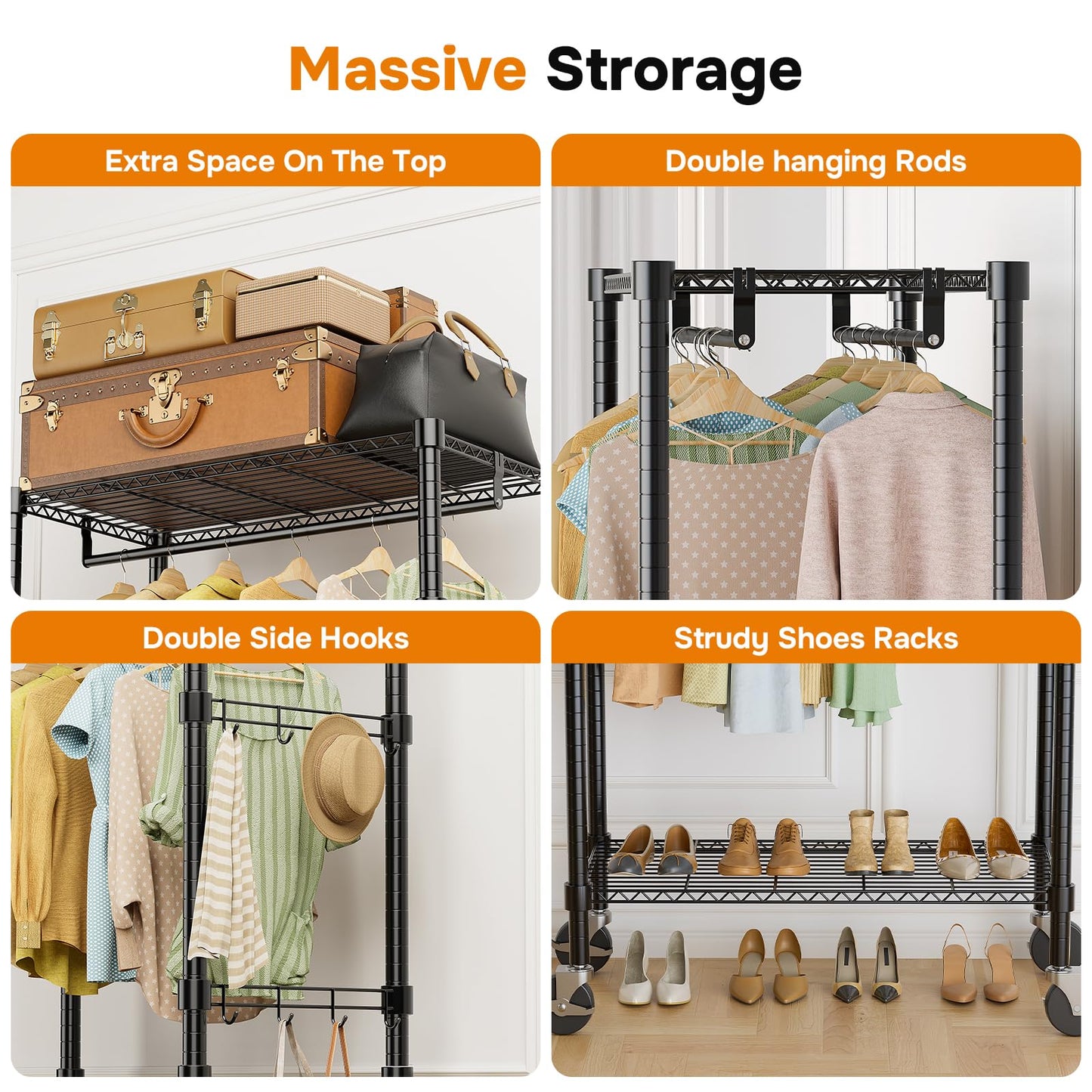 Simple Deluxe Rolling Clothes Rack, Heavy Duty Clothing Rack, 3-Shelf Portable Adjustable Wardrobe Closet with Wheels, Hanging Rods & Side Hooks, 29.5" W x 15.7" D x 75.6" H, Black