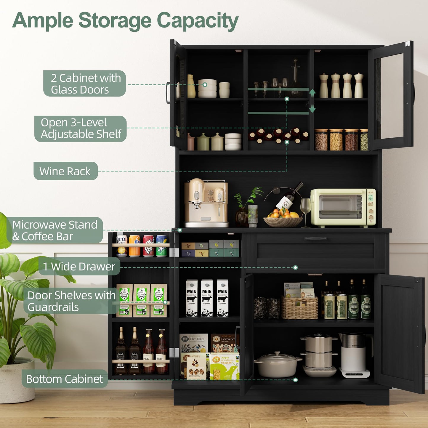 Shintenchi Kitchen Pantry Storage Cabinet, Freestanding Buffet Cabinet with Microwave Stand & 4 Door Shelves, Kitchen Hutch with Doors, Adjustable Shelves and Wine Rack, Black