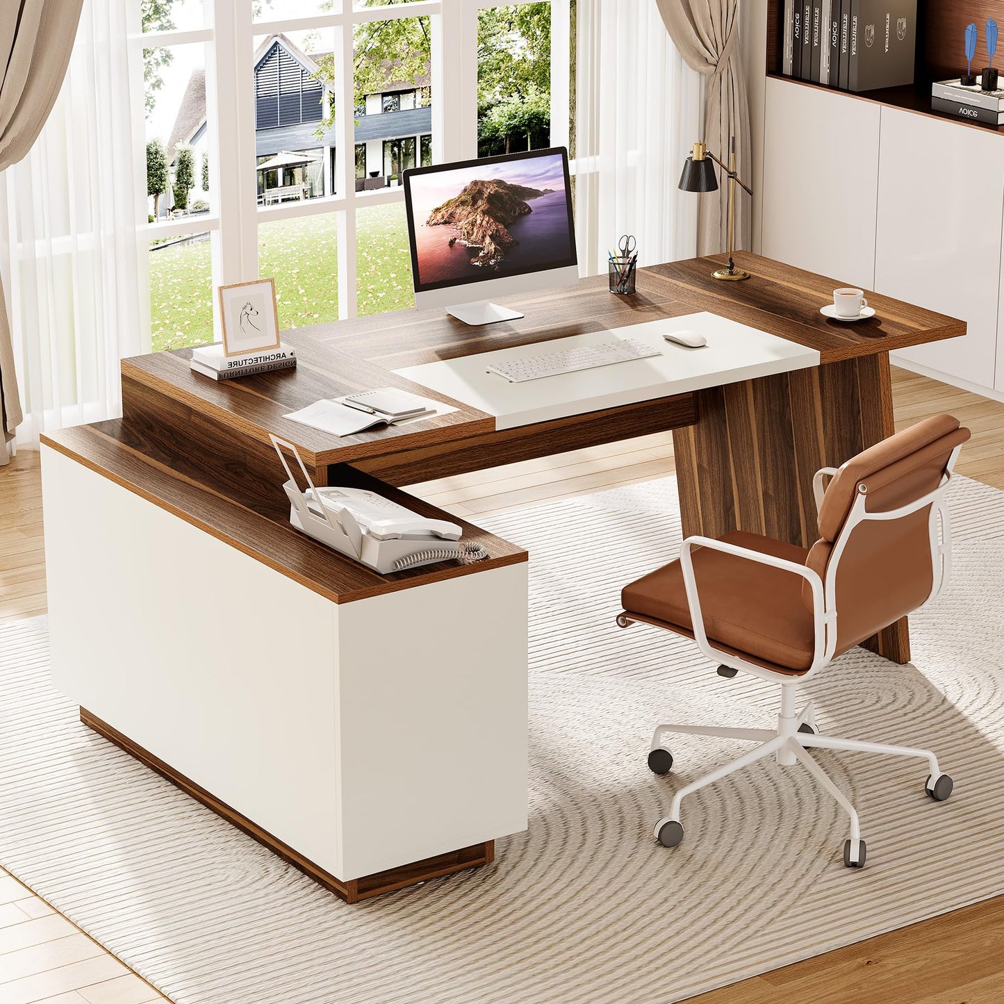 LITTLE TREE 70.5-Inch Executive Desk, Large Home Office Desk with Storage Cabinet and Open Shelves, L-Shaped Computer Corner Desk, Workstation for Office Home, Walnut and Black