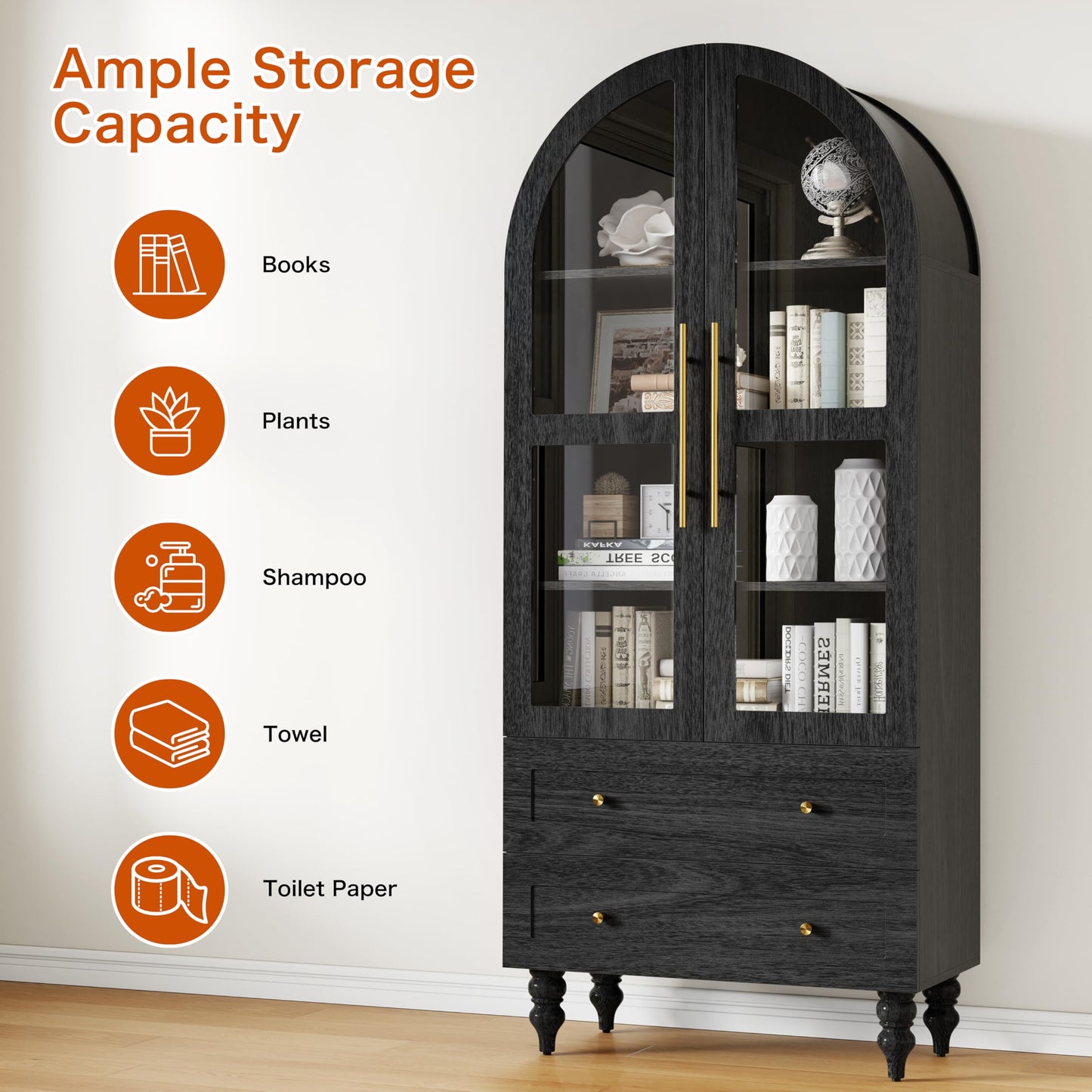 Shintenchi Tall Arched Kitchen Pantry, Modern Farmhouse Wood Kitchens Storage Cabinet with Glass Doors & Adjustable Shelves and 2 Large Drawers,Versatile Cupboard for Kitchen, Dining Room, Black