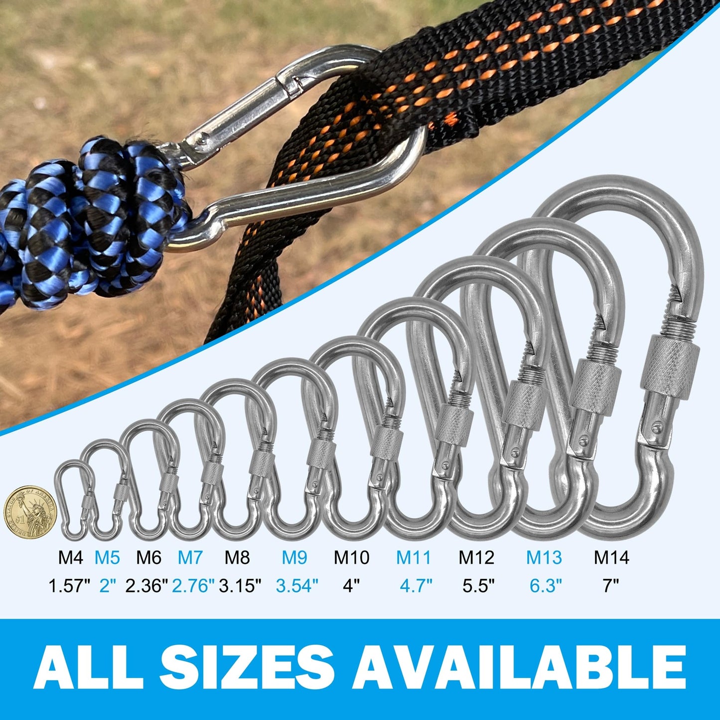 Outmate 304 Stainless Steel Carabiners -2 inch Heavy Duty, Durable & Rust-Free Clips for Gym, Swing, Dog Leashes, Hammocks, Keychains, and More(304,M5 with Screw,Pack of 12)