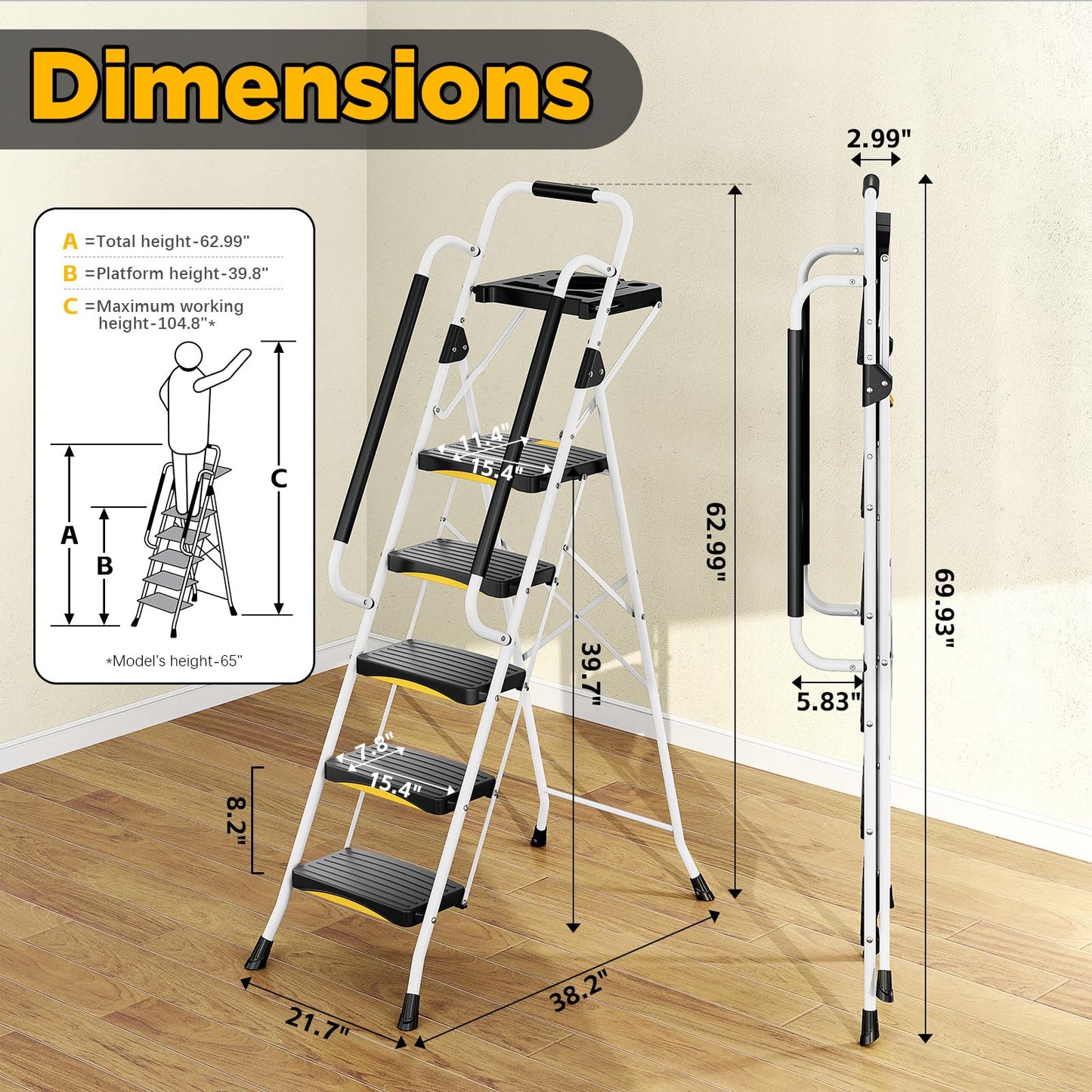 Urackify 5 Step Ladder with Tool Tray, Folding Steel Step Stool with Safety Lock, Anti-Slip Wide Pedals, Large Load Capacity, Handrail, Heavy Duty Ladder for Multi-Purpose, Indoor, Office