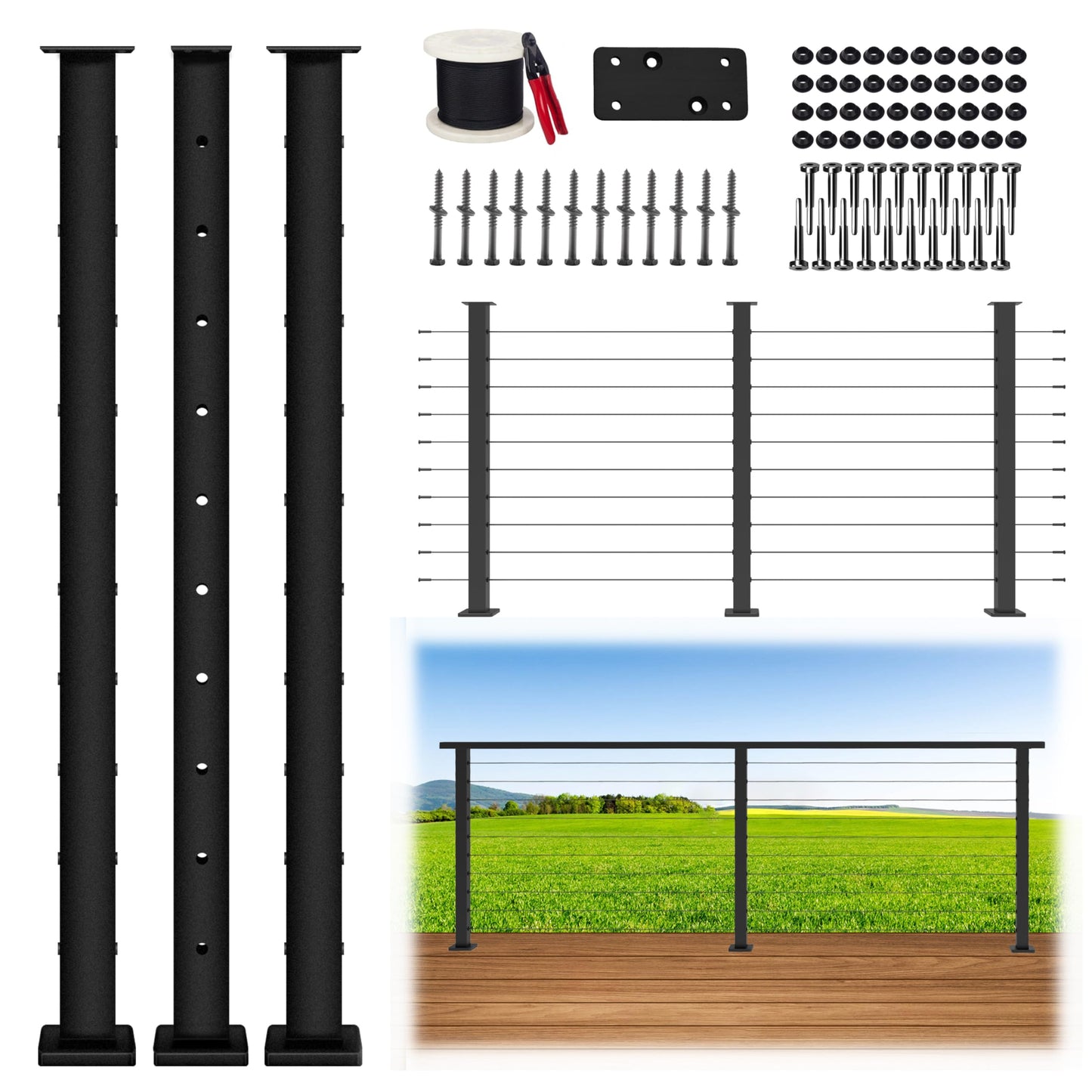 Patavin Complete Set 36" Cable Railing Post Kit, Black Level Drilled Cable Railing Post, Invisible Cable Railing System Kit, 1/8" Stainless Steel Cable, 3Pack Posts with Cable Grommets (No Handrail)