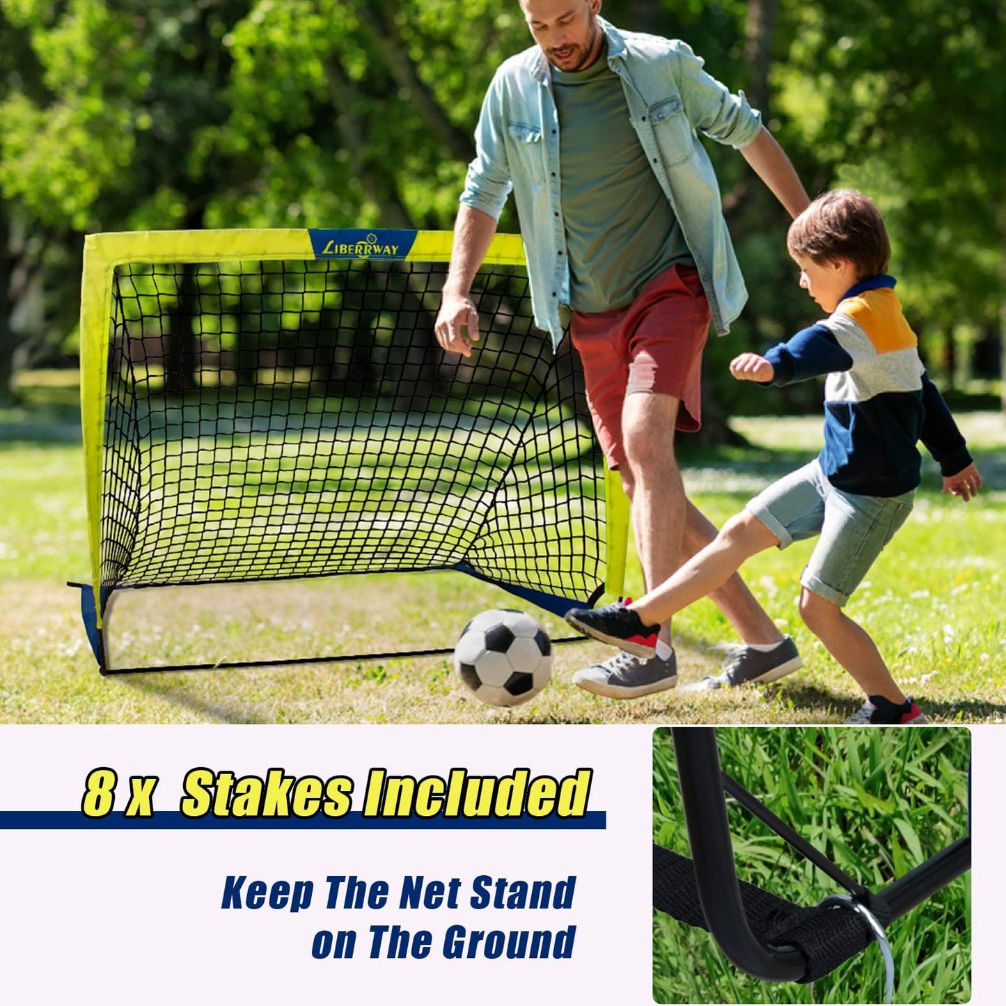 LIBERRWAY Soccer Goal 4'x 3' Portable Kids Soccer Goals for Backyard or Indoor Pop Up Soccer Net with 6 Training Cones, Carrying Bag, 8 Ground Stakes