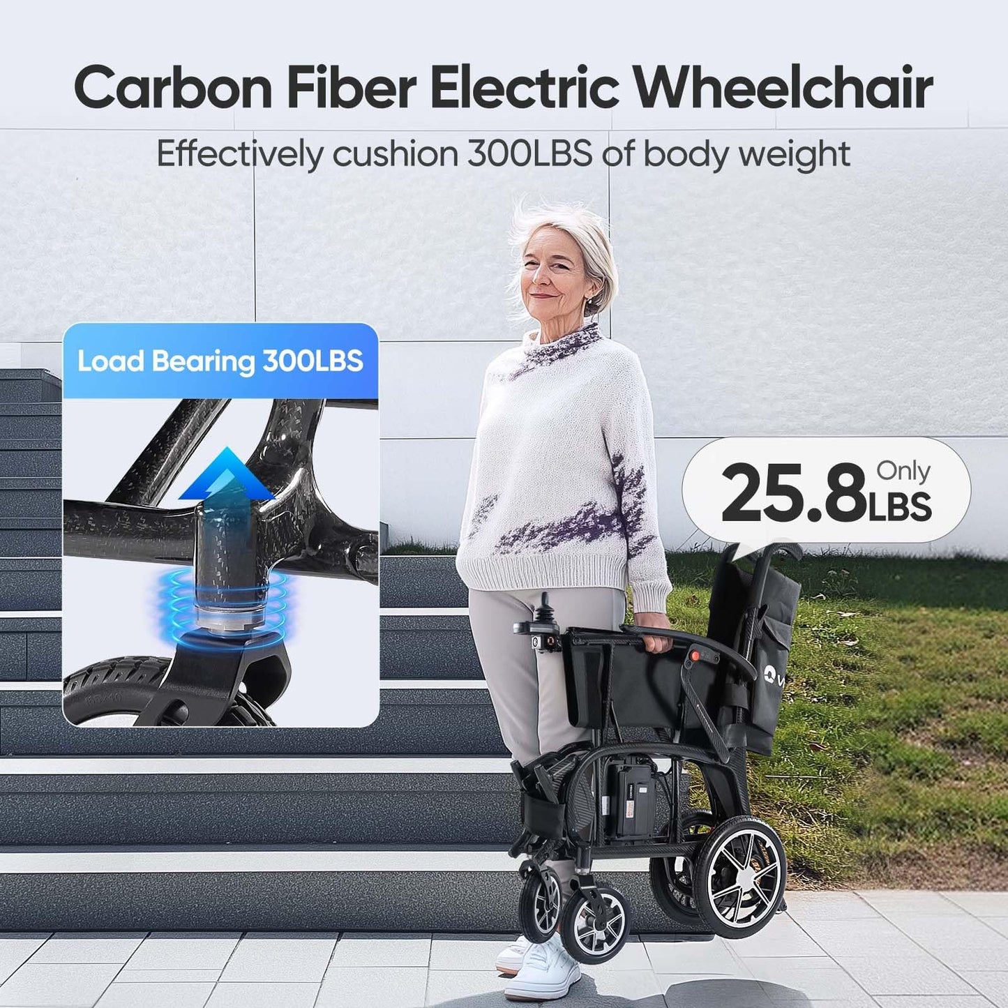 VERPAL 25.8lbs Real Carbon Fiber Ultralight Electric Wheelchairs, FDA Certification Professional Foldable Lightweight Electric Wheelchairs for Adults, Senior, Patient, 12 Miles, 300 LBS Capacity