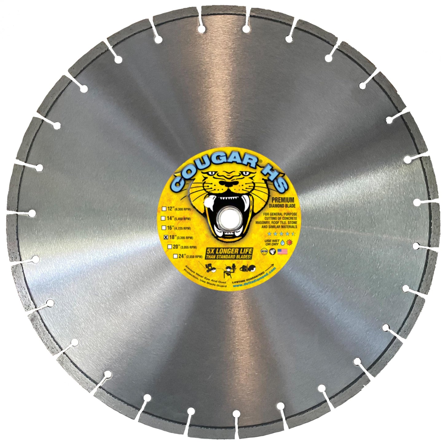 Cougar HS 18 Inch Diamond Concrete Saw Blade, Premium General Purpose Segmented Blade, Dry/Wet Cutting Concrete, Masonry, Brick, & Block 1" Arbor