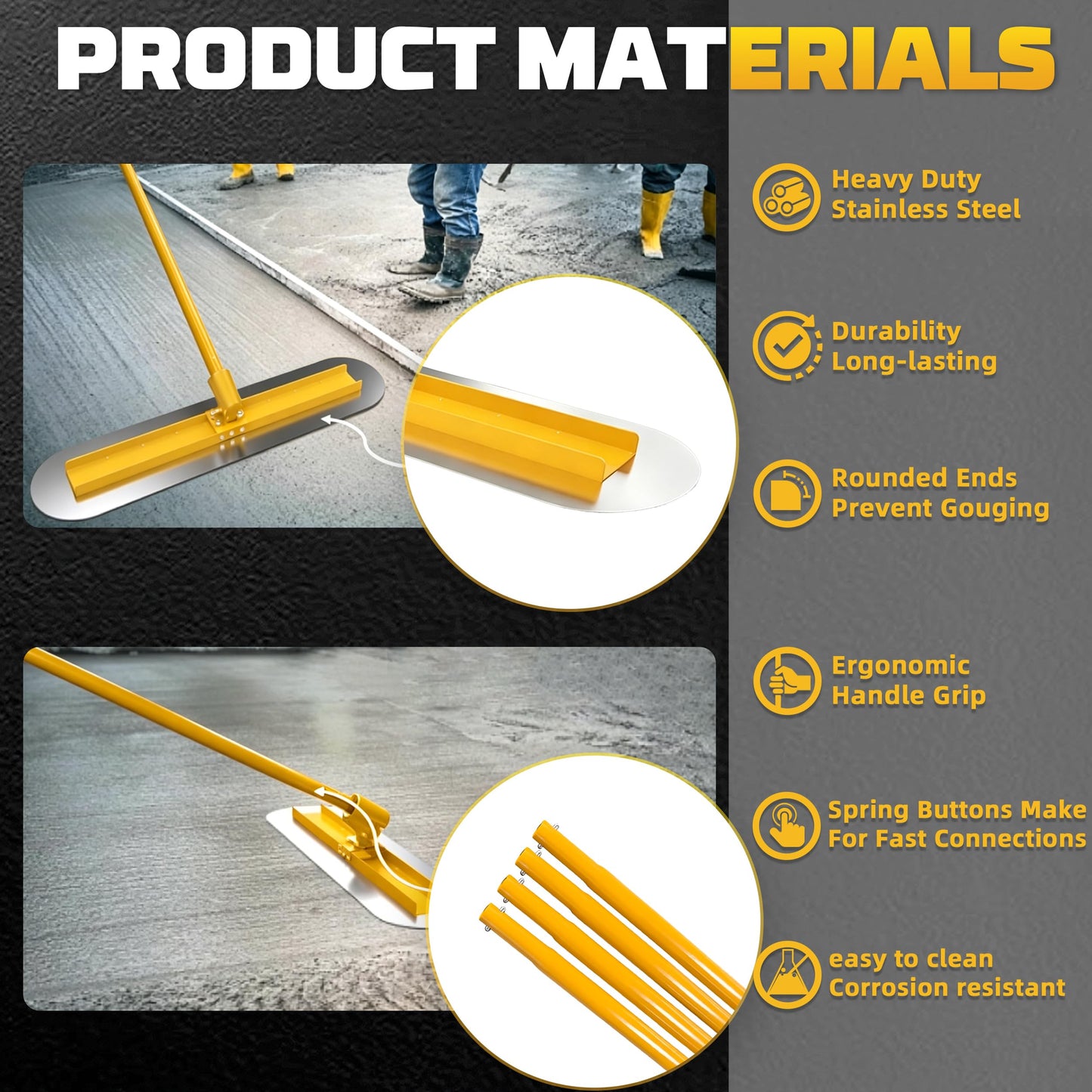 KJE Stainless Steel Bull Float Concrete Tools 48"x12" inch,Round End, Board Kit trowel Tool Cement Tools Float Bracket Concrete Tools with 48 inch Handles x 4, Screeding and Finishing Tool Kit