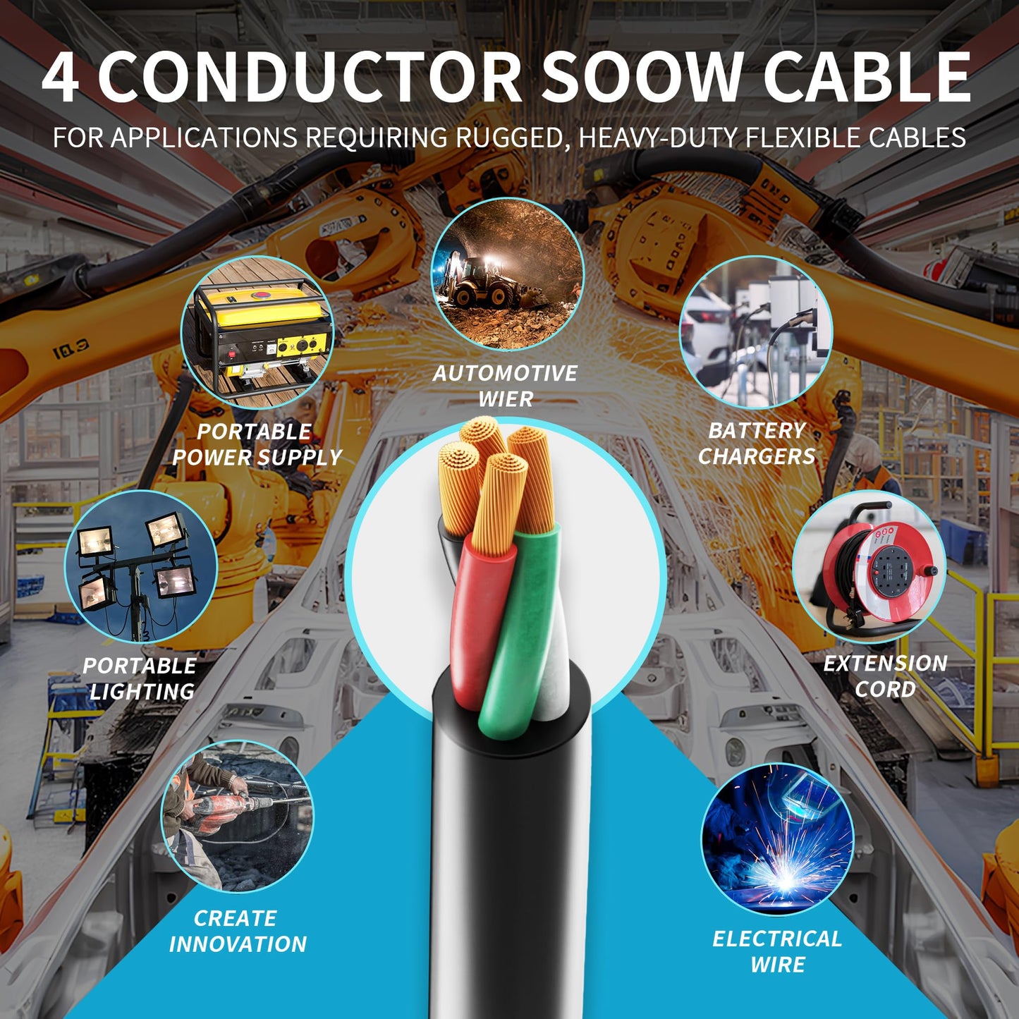 50FT 10/4 SOOW Portable Power Cable-10 Gauge 4 Conductor-10AWG 600V 30A Bulk Cable Water & Oil Resistant Electric Wire for Welder,Generator,Motor Lead,Circuits,EV Car Charger,Heat Pump,Light(ETL)