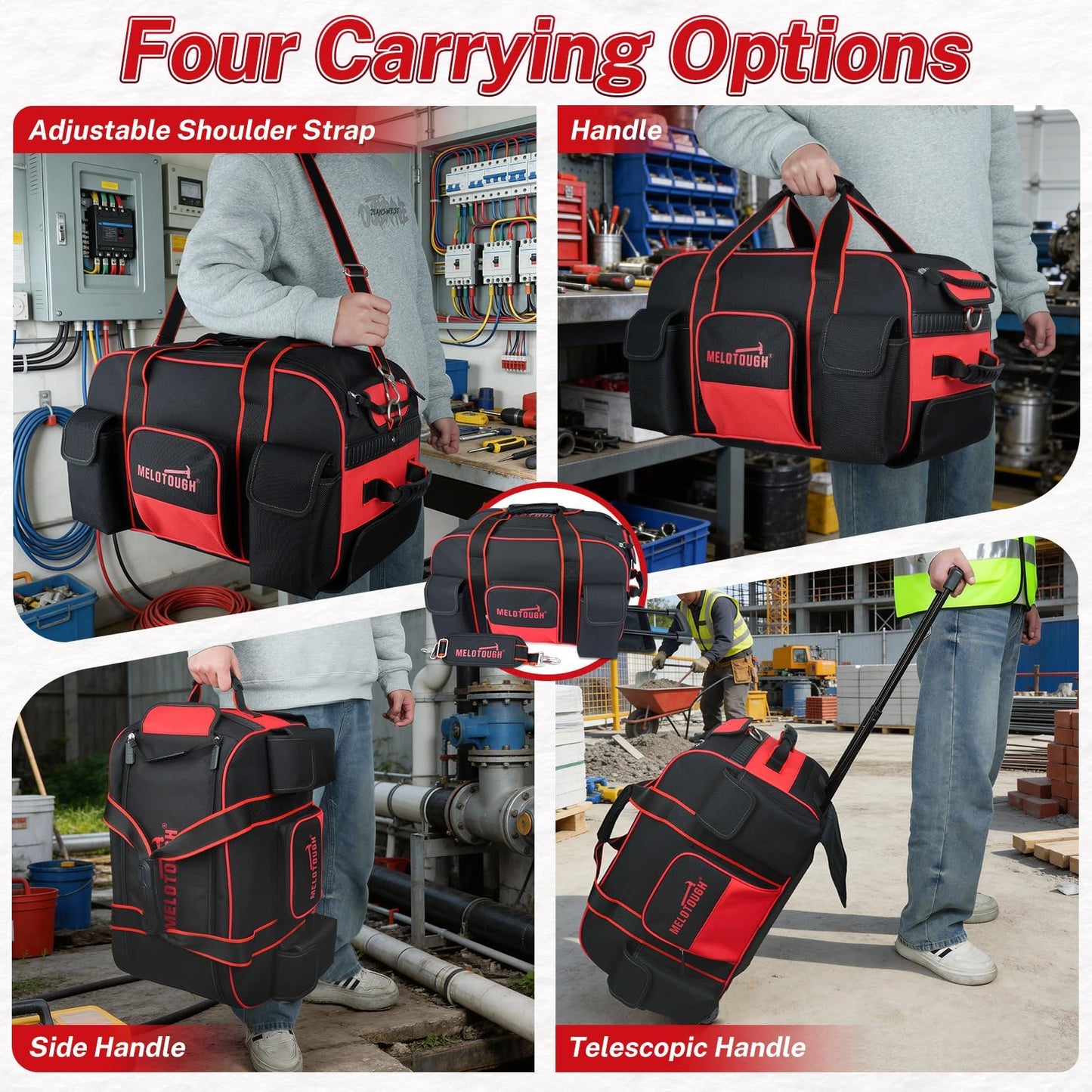 MELOTOUGH Heavy Duty Framing Nail Gun Tool Bag with Extra Storage Pockets Shoulder Strap, Rolling Tool Bag with Wheels, Concealed Telescoping Handle, Multi-Pocket Organizer