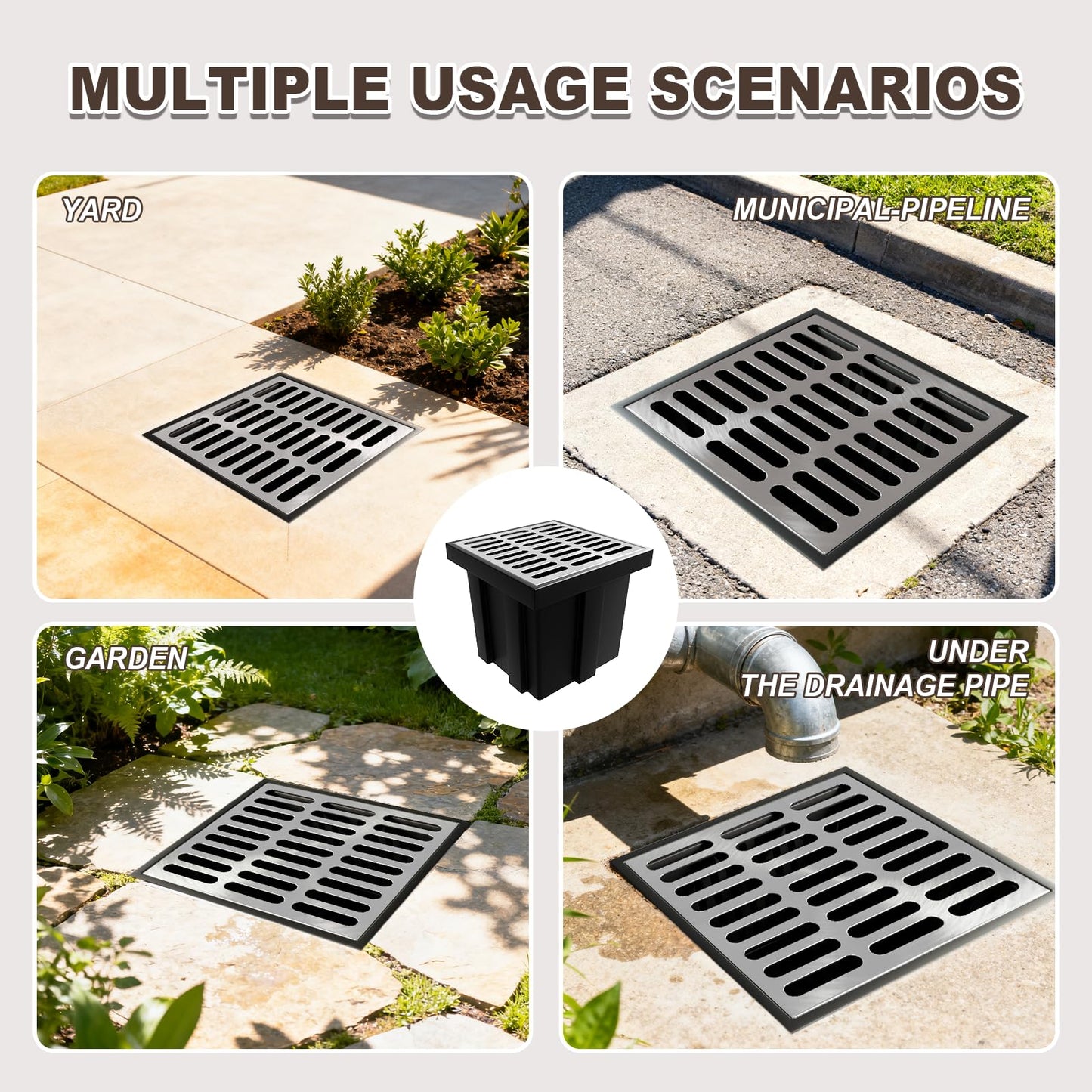 2 Pack Catch Basin with 304 Stainless Steel Grate, 18x18x15 in Large Drainage Catch with Debris Basket, French Drain Basin Without Reserved Hole for Yard, Downspout, Patio, Municipal Pipeline (2)