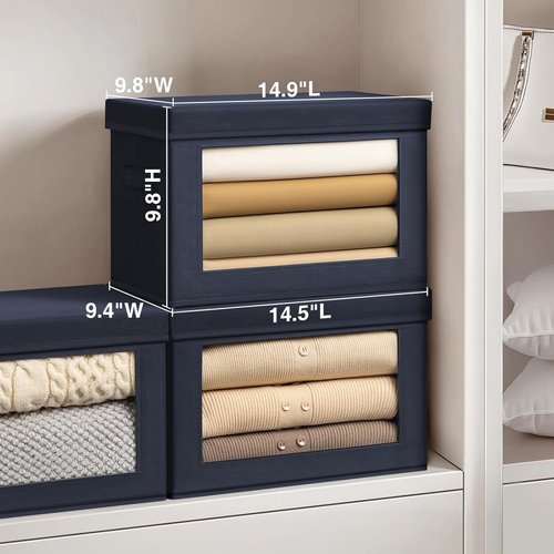 Homsorout Foldable Storage Boxes - Decorative Fabric Baskets with Clear Window, Navy Blue, 4-Pack