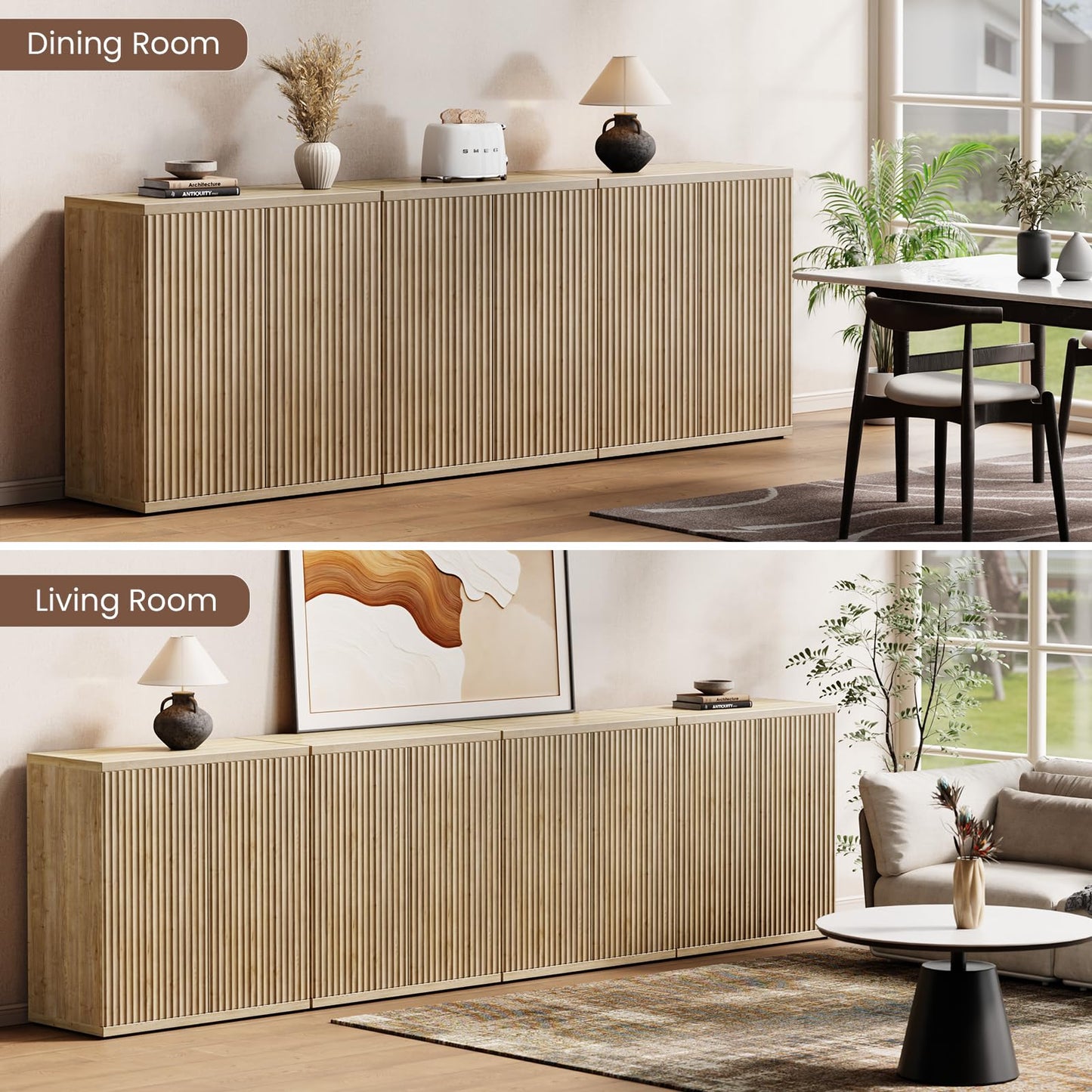 RUMBALUXY Fluted Buffet Cabinet Sideboard with Storage, Wooden Credenza with 2 Doors & Adjustable Shelf, Modern 15" Deep Accent Cabinet for Living Room, Kitchen Dining Room Entryway,Natural Oak