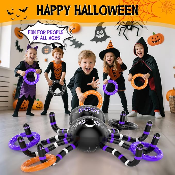 Halloween Ring Toss Games, 14PCS Inflatable Spider with Air Pump 12 Toss Rings for Halloween Party Games Super Fun Game Activities for Kids Adults Indoor Outdoor