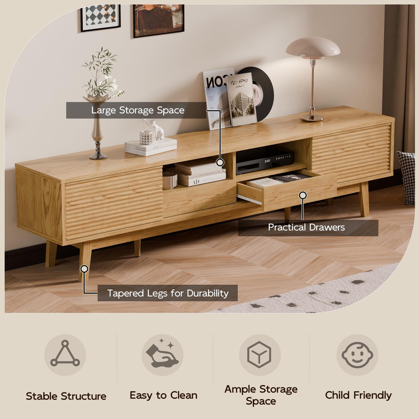 TOLEAD 70" Mid Century Modern TV Stand for TVs up to 75 Inch, Low Profile Entertainment Center with Fluted Sliding Doors & Storage Drawers, Wood TV Console Table for Living Room, Oak