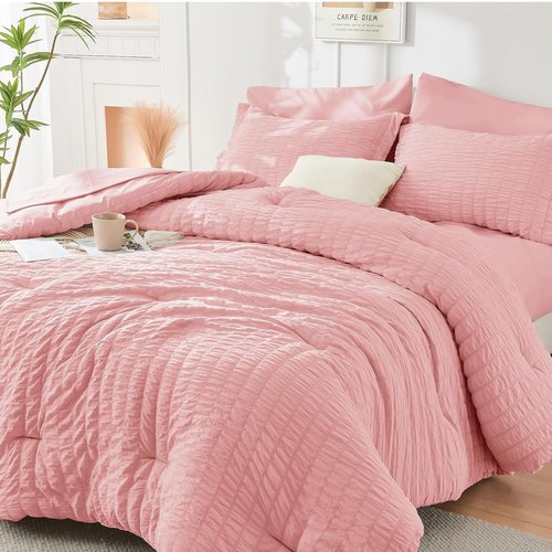 HYMOKEGE California King Comforter Set - Luxury 7-Piece Seersucker Bedding in Rose Pink