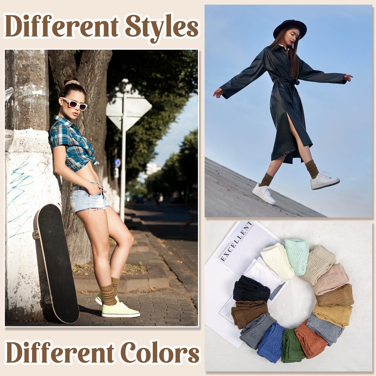 Justay 5 Pairs Slouchy Socks for Women - Slouch Long Crew Knit Boot Athletic Calf Tube Scrunch Socks