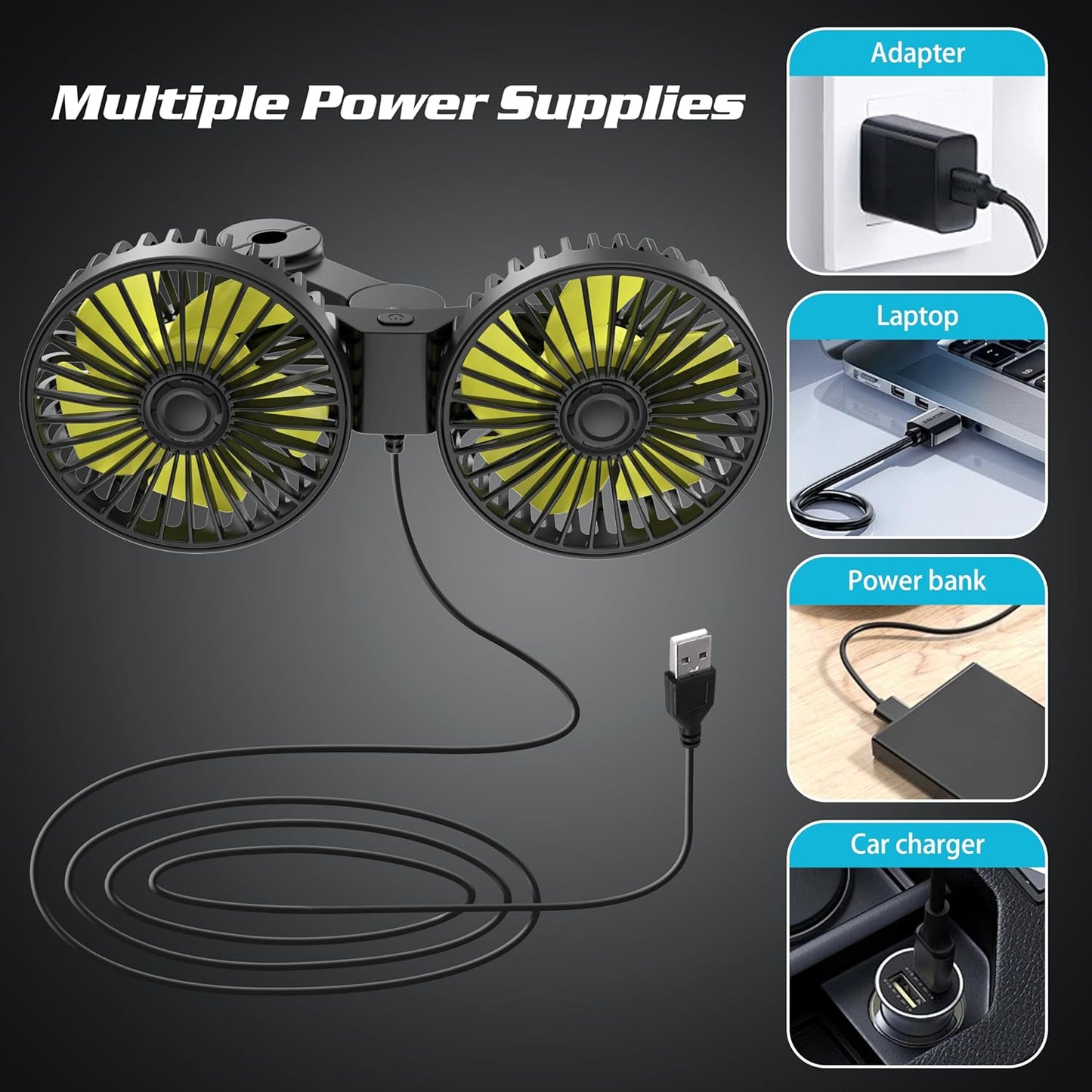 360 3 Wowok Car Fan for Rear Seat Passenger Dual Head USB Car Seat Fan for Backseat Kids, Rotatable Speeds Air