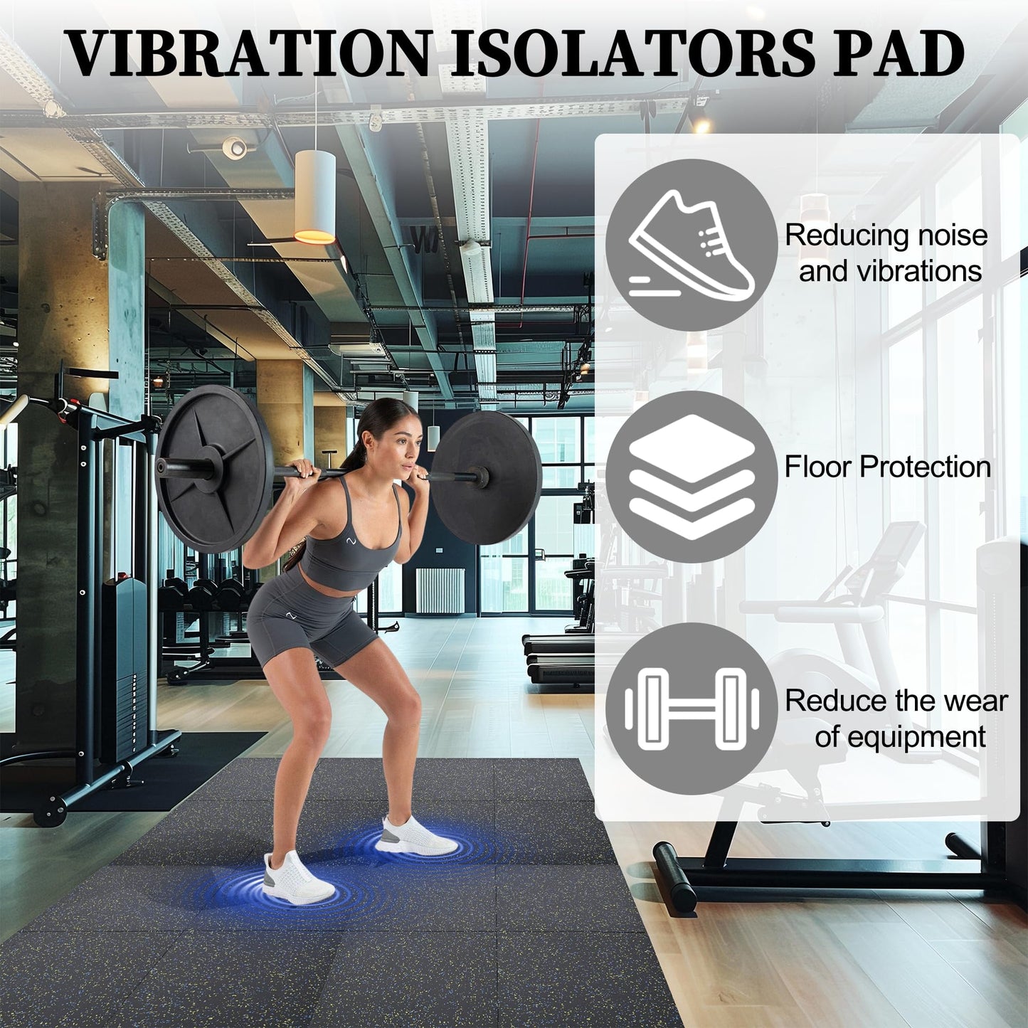 Nisorpa 1" Thick Rubber Exercise Equipment Mats, Anti-Vibration Pads 20" x 20'', Sound Absorbing Mat, Gym Floor Tiles Non-Slip, with 12 Pcs Buckles for Fixing, for Fitness Equipment (4 Pcs)