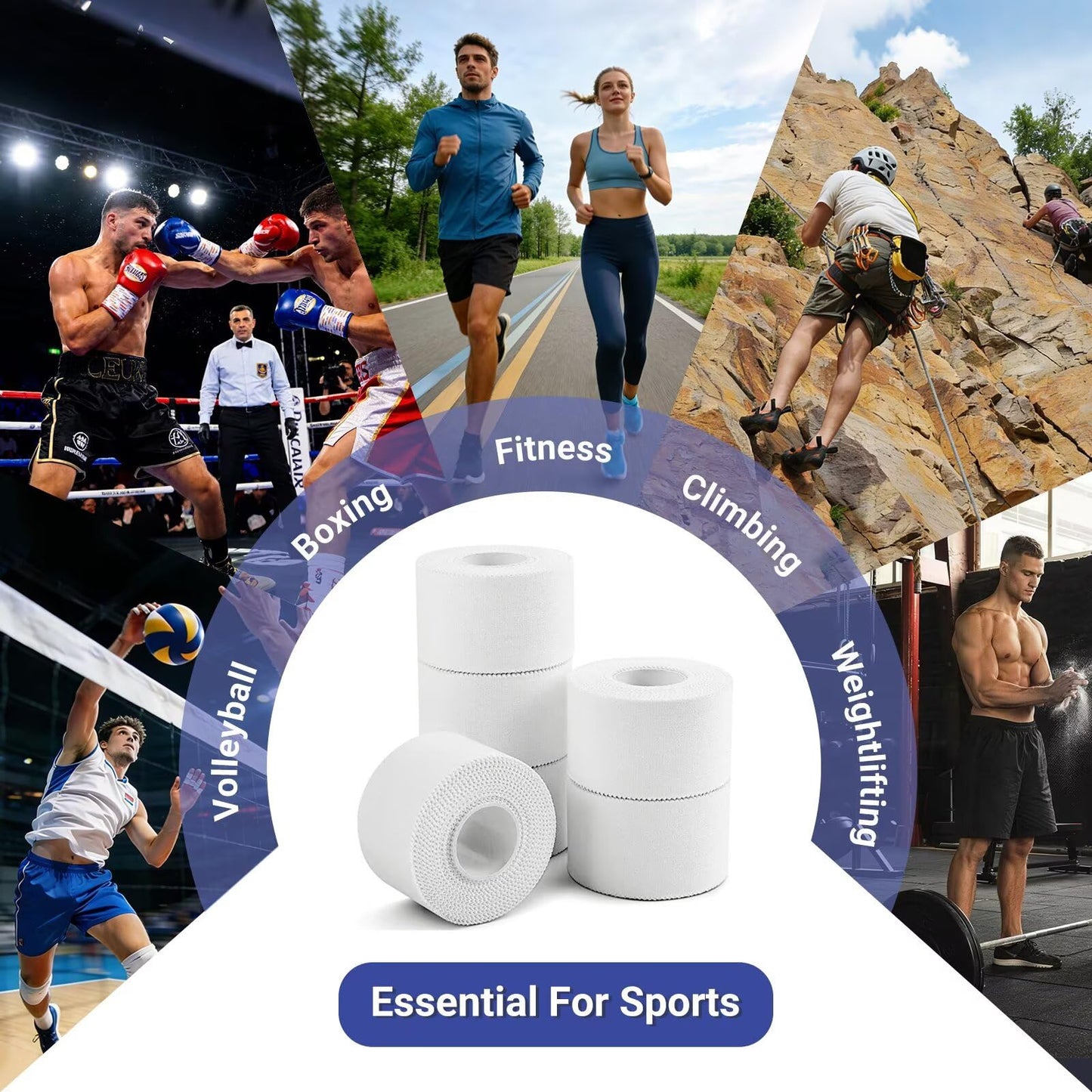 Golden Sport Athletic Tape, 6 Pack White Sports Tape, 1.5 in x 45 ft, Very Strong Easy Tear No Sticky Residue Tape for Sport, Suitable for Gymnastics, Climbing, Boxing, Hockey Bat and Soccer