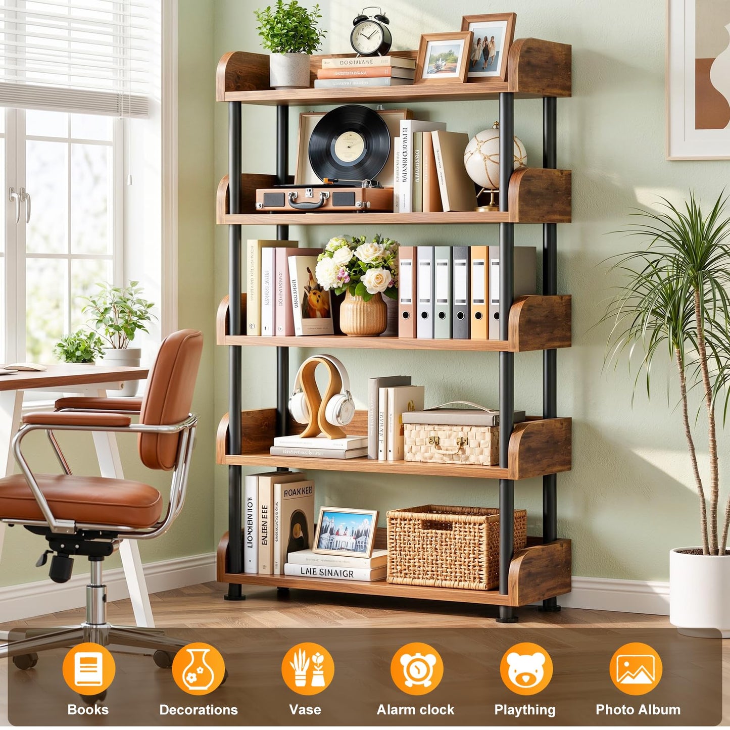 Aheaplus 5-Tier Tall Open Bookshelf, 31.5" Modern Display Bookcase with Top Edge and Pipe Metal Frame, Industrial Standing Book Shelves Metal Storage Rack for Living Room, Home Office, Rustic Brown