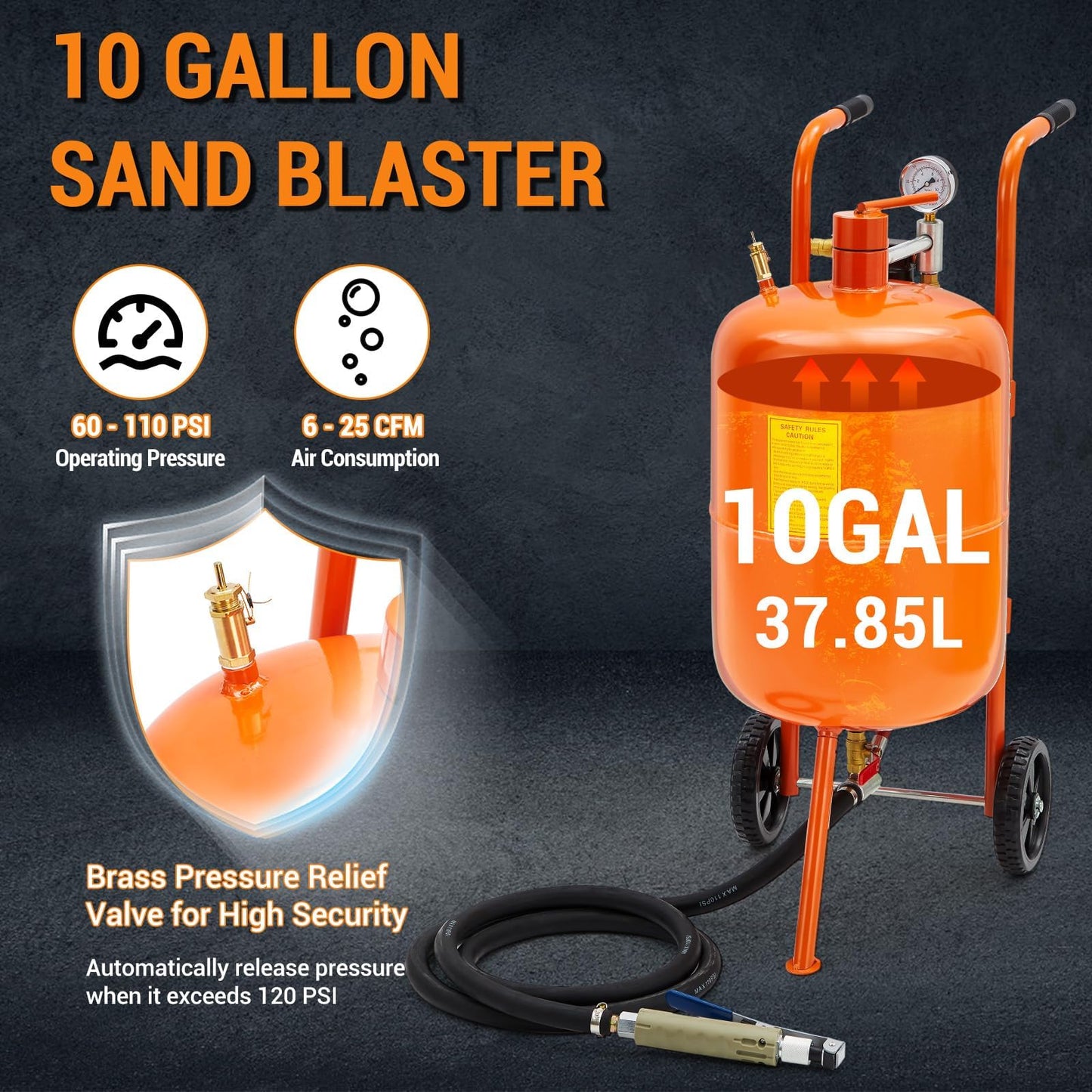 GarveeTech 20 gal Sand Blasting Machine, 60-110 Psi Pressure Air Sand Blasting Kit w/4 Ceramic Nozzles & Oil-Water Separator, Portable Abrasive Blaster for Stain Removal Paint, Orange