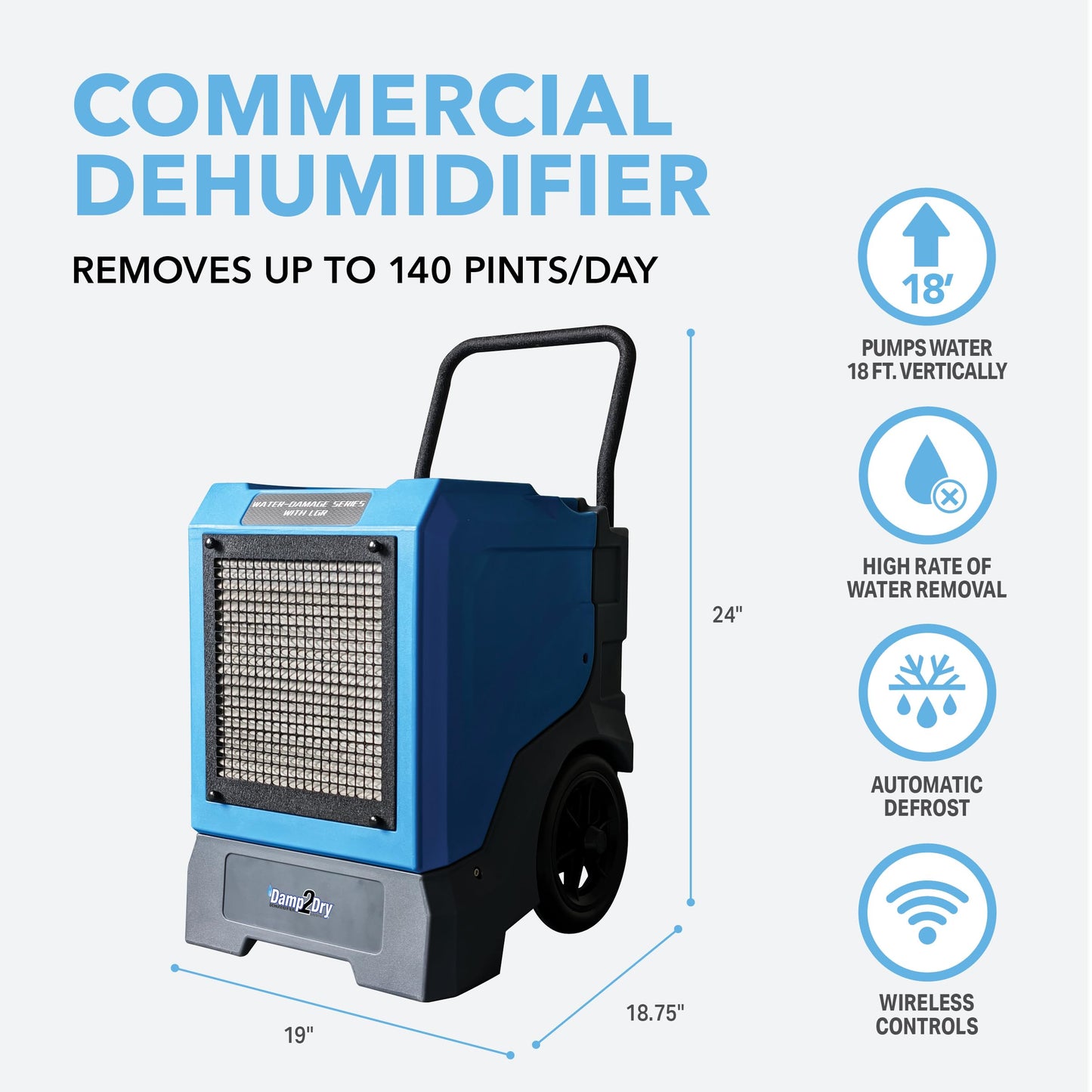 Perfect Aire Damp2Dry 140-Pint Commercial Dehumidifier with Pump, Heavy-Duty Moisture Removal, Low Grain Performance, Smart App Control, 970 sq. ft.