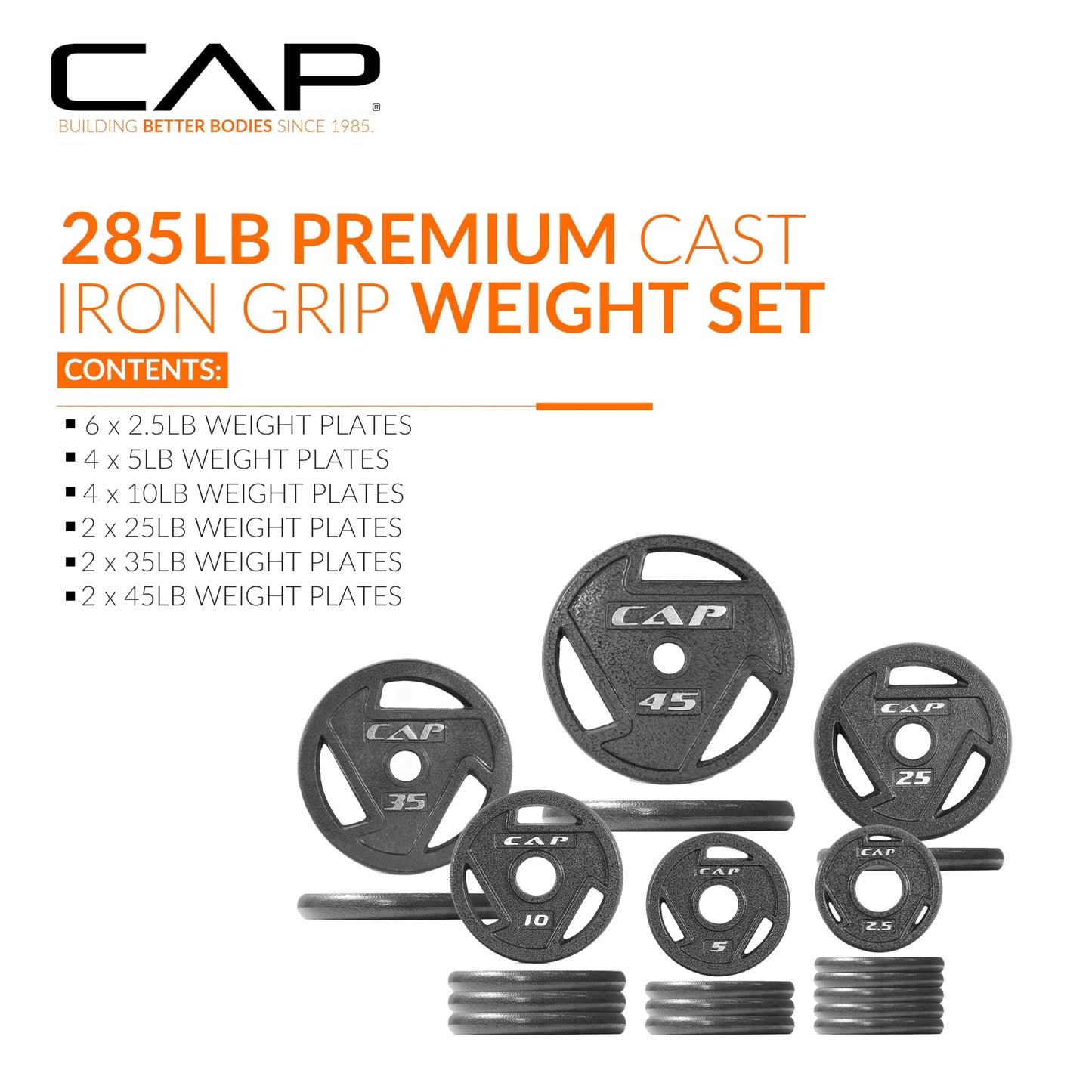 CAP Barbell 285 LB Elite Olympic 2-Inch Cast Iron Weight Plate Set