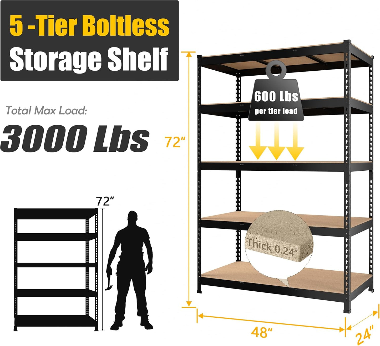 PrimeZone Heavy Duty Storage Shelves - 5-Tier Adjustable Metal Rack for Garage, Pantry, Kitchen | 48" x 24" x 72" - Black