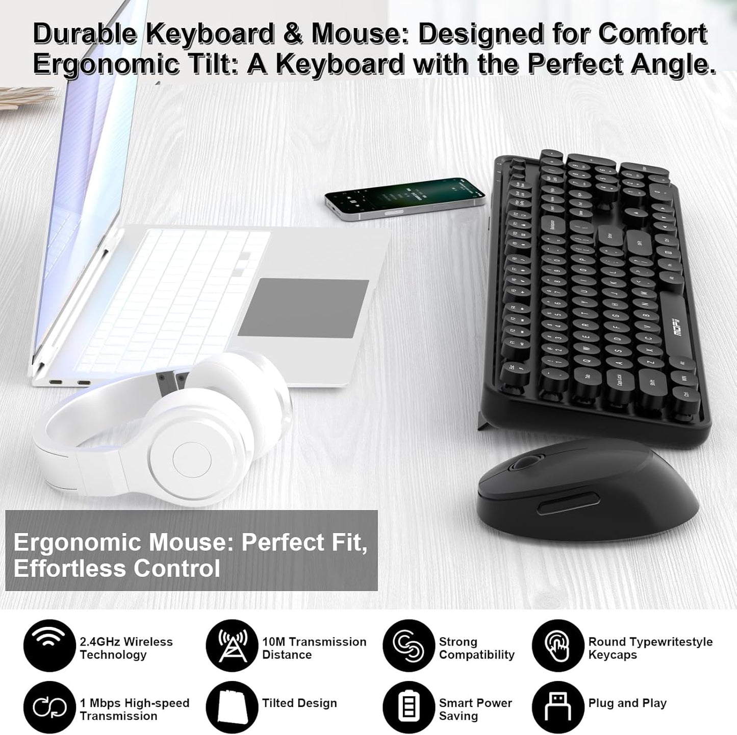 MOFII 104 Wireless Keyboard and Mouse Combo, Keys Full-Size Retro Round Keys Typewriter Keyboards Ergonomic Keyboards