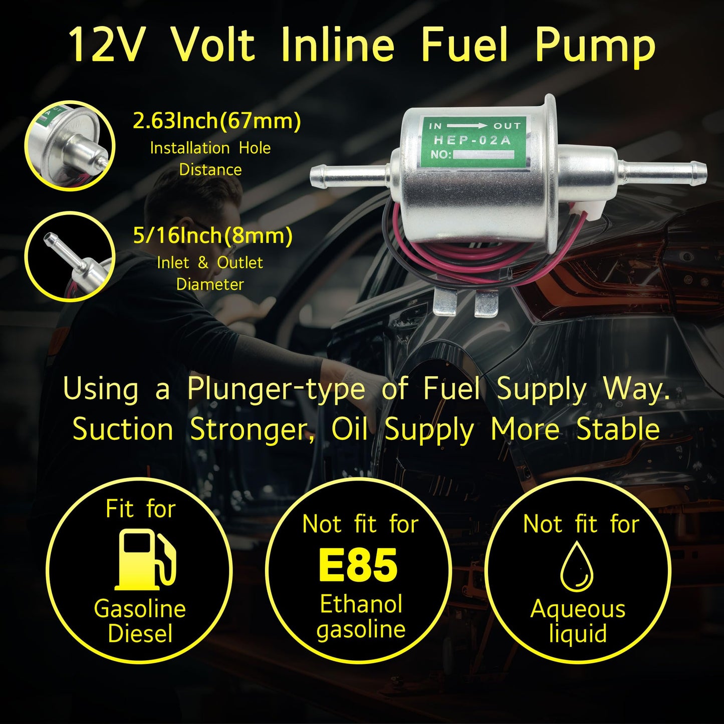 Yezoauto 12V Universal Electric Fuel Pump Low Pressure 4~7 PSI Inline Diesel Gas Compatible with All 12V Cars Trucks Boats Carburetor Lawnmower and Generators HEP-02A ATV