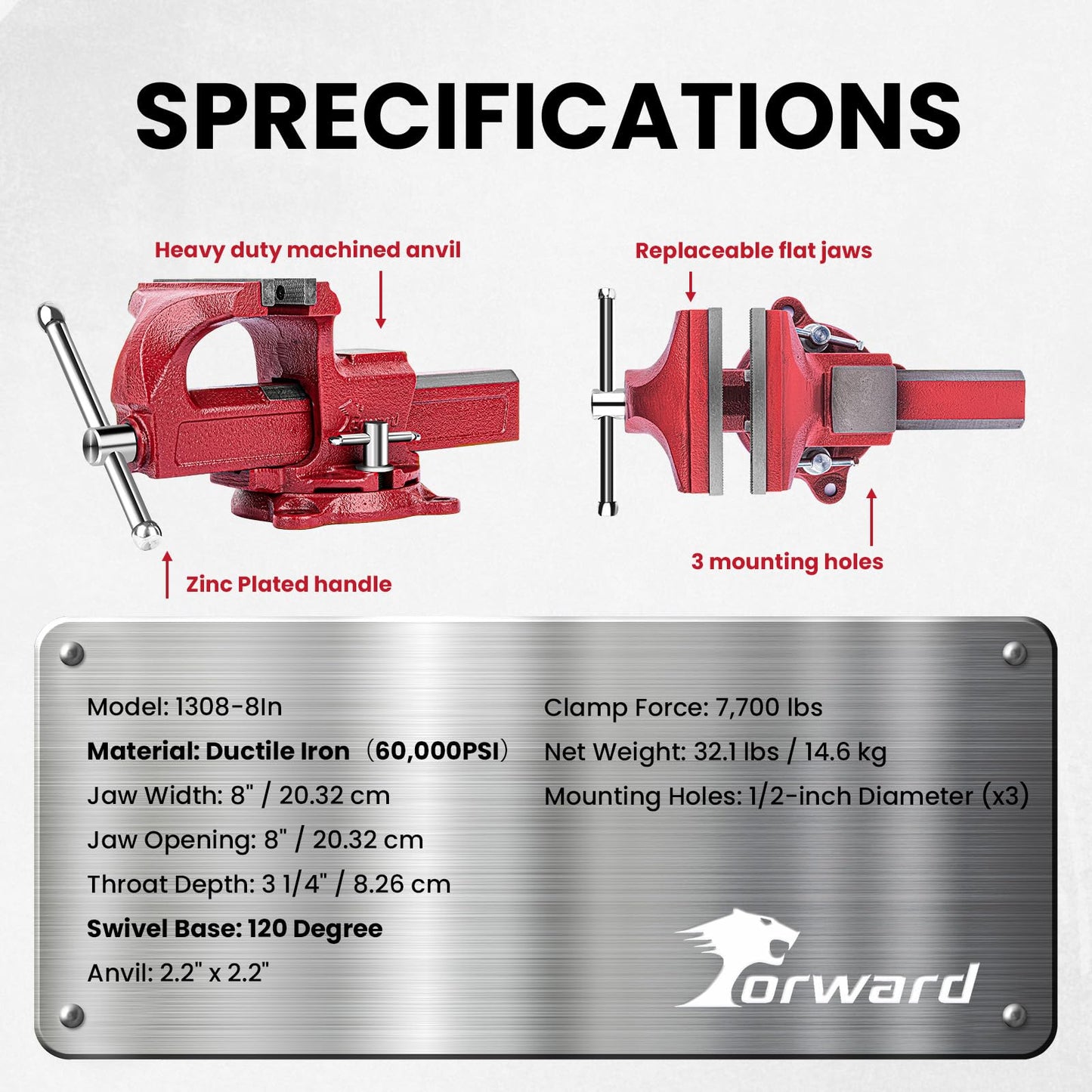 Forward 1308 8 Inch Home Vise Ductile Iron 8" Bench Vise Homeowner's Vice with Anvil and Swivel Base