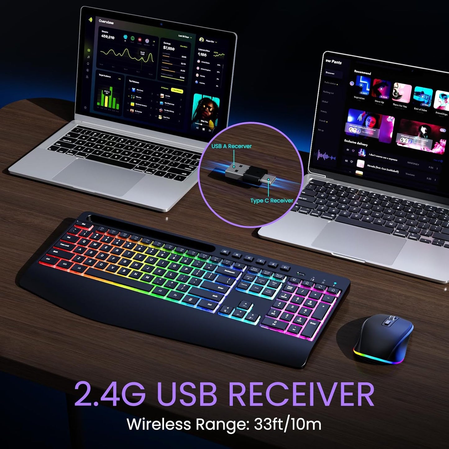 VEILZOR 2.4G 9 Set Wireless Keyboard and Mouse Combo- Rechargeable Keyboard with Phone Holder, Ergonomic Wrist Rest