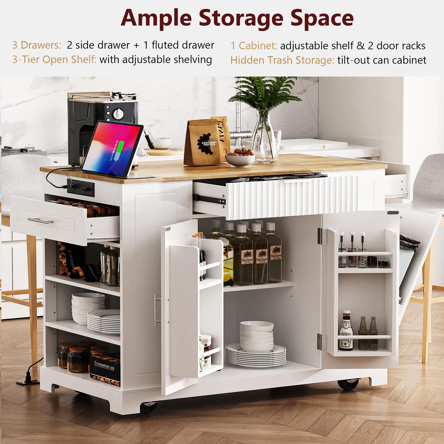 Amposei Modern Kitchen Storage Island with Trash Can Cabinet & Power Outlet, Rolling Kitchen Island Cart on Wheels with Open Side Shelves and Towel Rack, 53-Inch, White