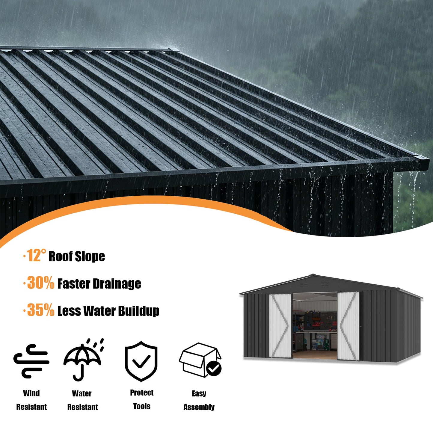 EASYHAWK 14x12 FT Outdoor Storage Shed, Metal Garden Shed with Lockable Door & Sloped Roof, Large Waterproof Utility Tool Shed for Backyard, Garden, Patio, Lawn, Black