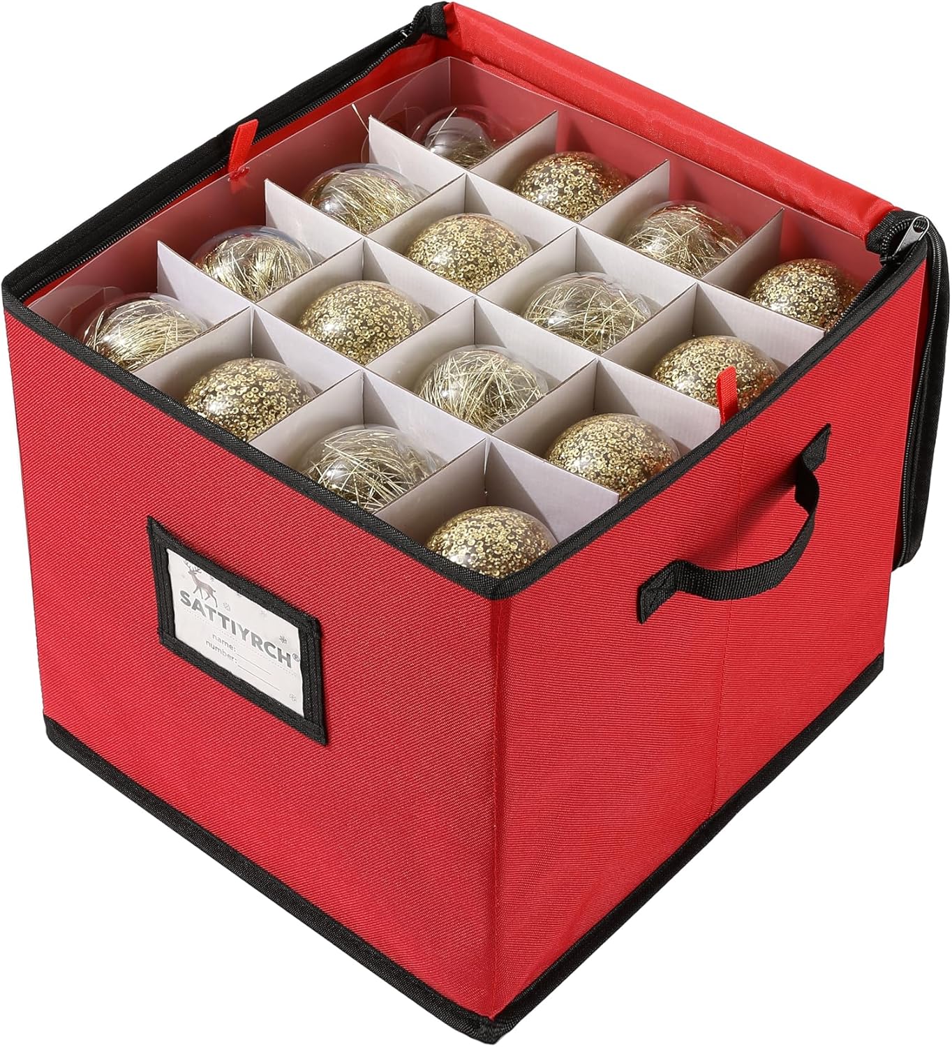 Sattiyrch Christmas Ornament Storage Box - Dust-Proof Canvas with 4 Trays & Customizable Dividers | Holds Up to 64 Ornaments