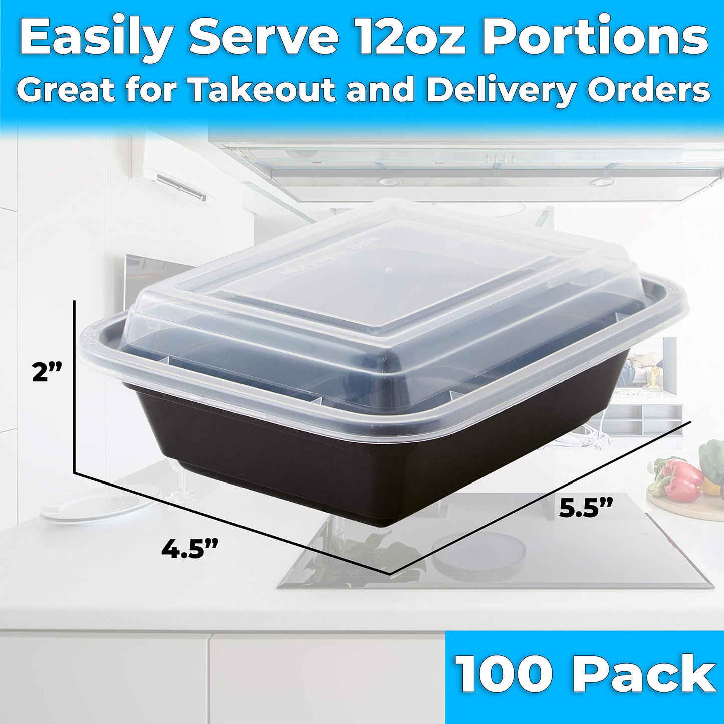 Pro-Grade BPA-Free Plastic Containers with Lids 100ct. 12oz Leakproof Microwavable Portion Container for To-Go Orders, Food Prep and Storage. Reusable Bento Boxes for Restaurant, Cafe and Catering.