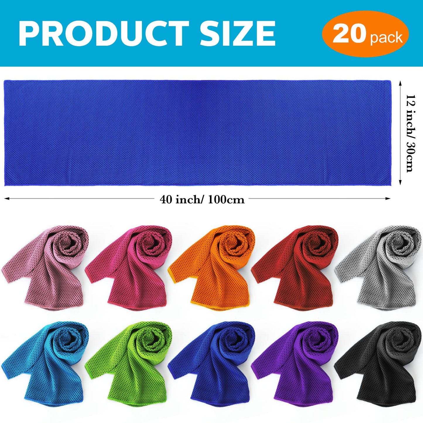 Honoson 20 Packs Cooling Towel, 40" x 12" Ice Towel for Neck and Face Microfiber Breathable Sport Sweat Rag for Gym, Yoga, Travel, Camping, Running, Fitness, Workout & More Activities