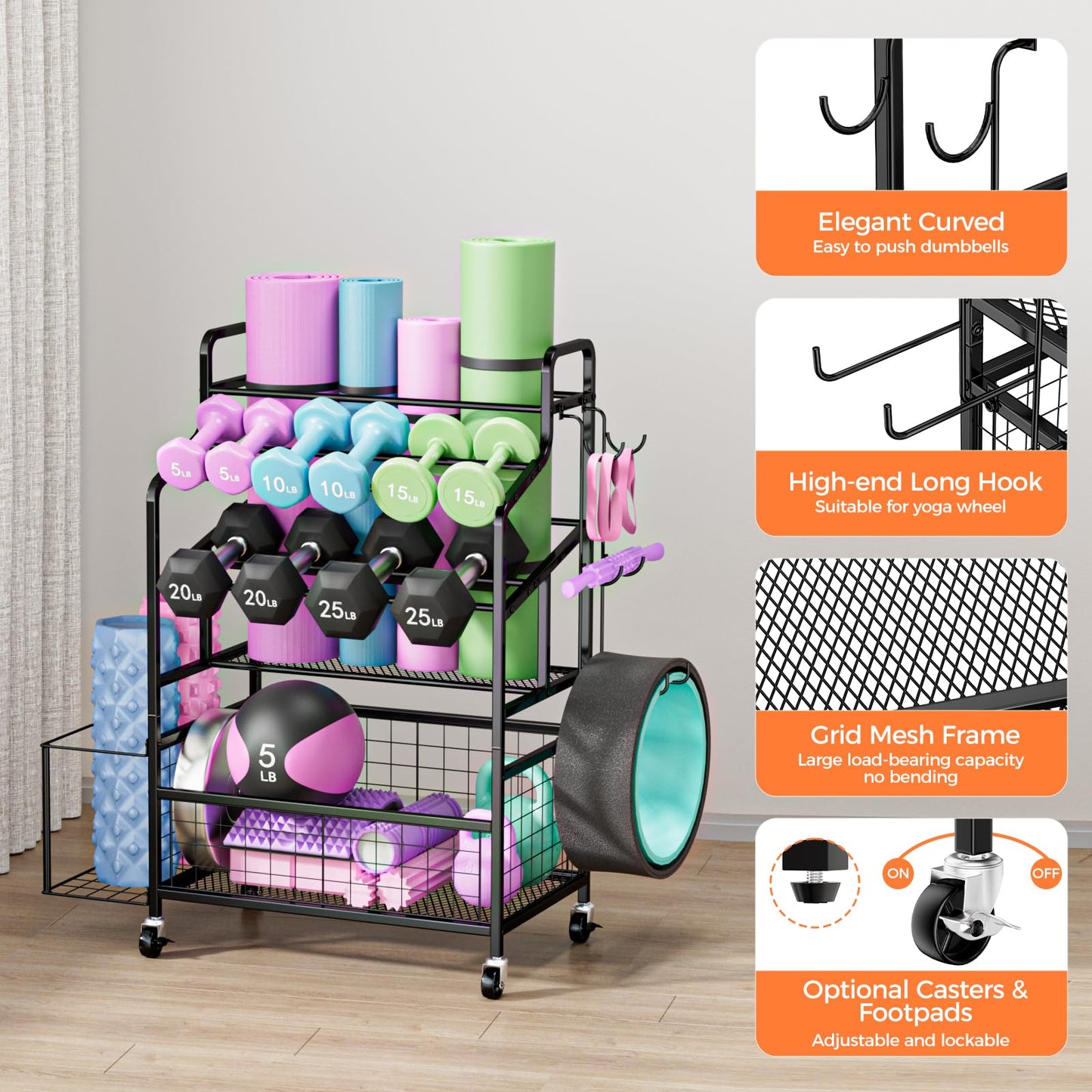 HavenlyYouth Dumbbell Rack Holds Yoga mat, Weight Rack Storage for Home Gym, Workout Equipment Organizer for Kettlebells and Foam Roller With Hooks and Wheels