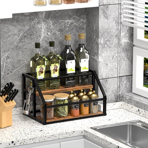 Homedawn Coffee Syrup Rack Organizer, Syrup Bottle Holder Stand for Coffee Bar, 2-Tier 8 Bottles Storage Shelves for Syrup, Wine, Dressing for Kitchen Countertop, Rustic Brown & Black
