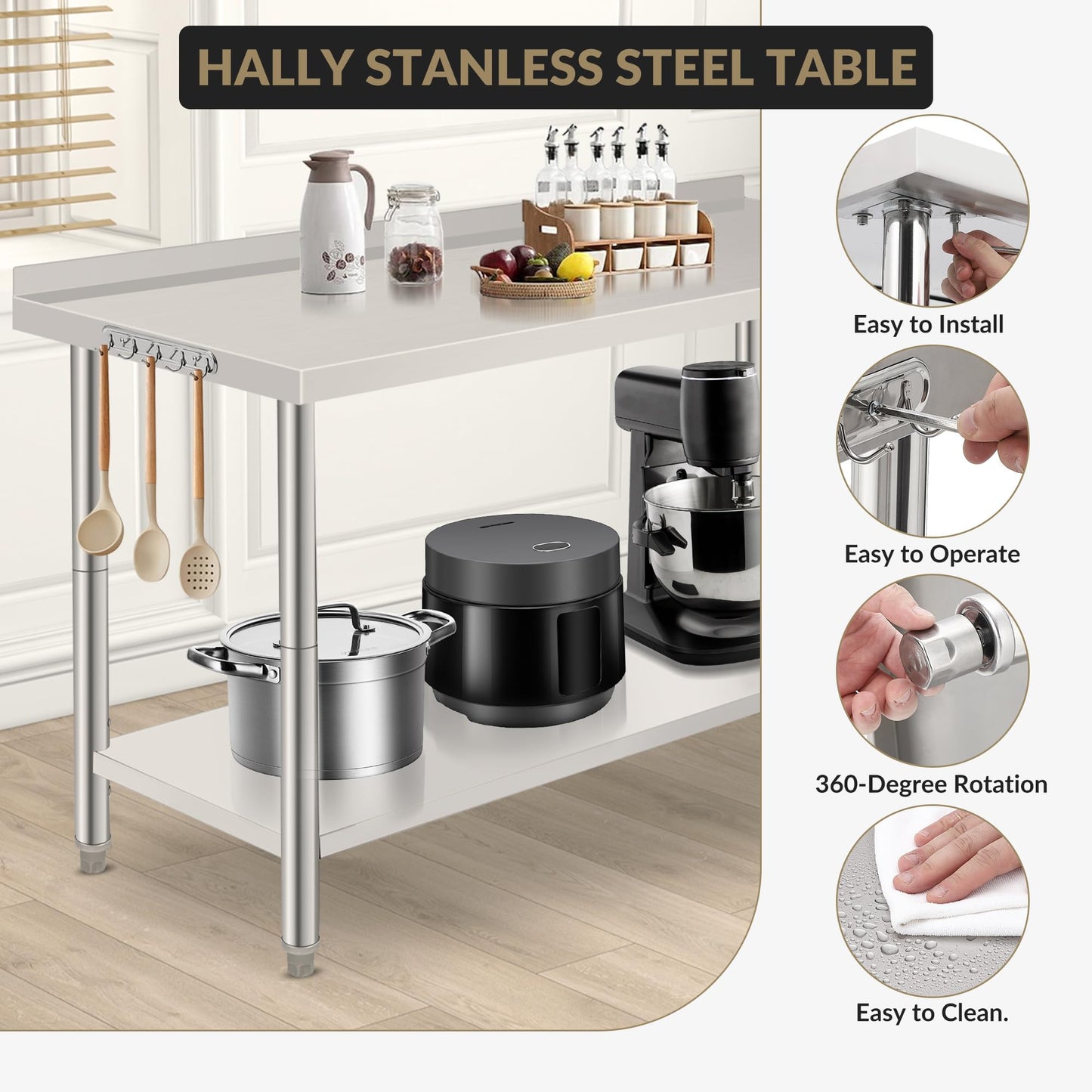 60x24x35 Inch Stainless Steel Work Table with Undershelf, Heavy Duty Commercial Prep Table for Restaurant Kitchen and Catering Use