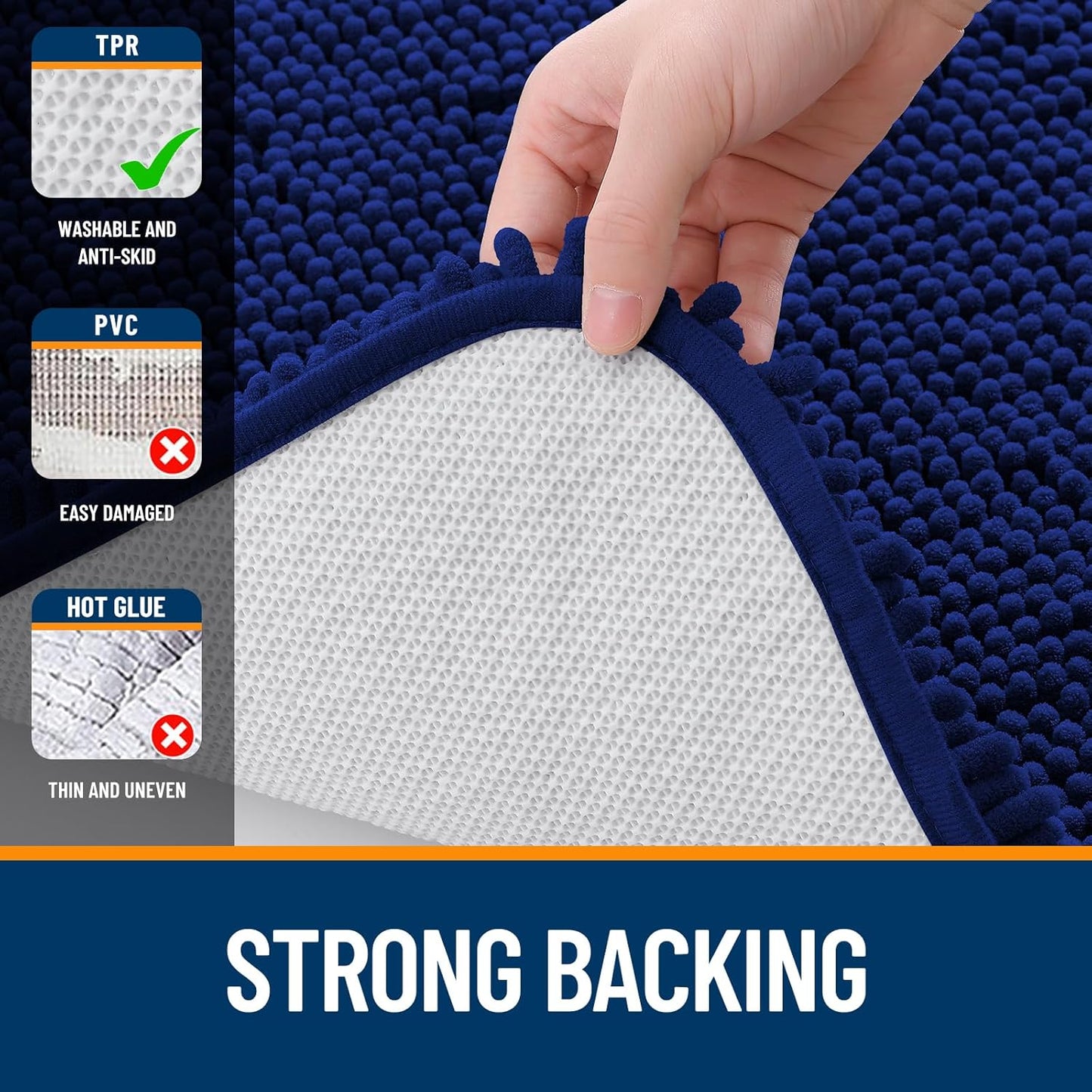 OLANLY Large Bathroom Rugs - Extra Soft Chenille Bath Mat with Rubber Backing | 59x35 Inches, Navy
