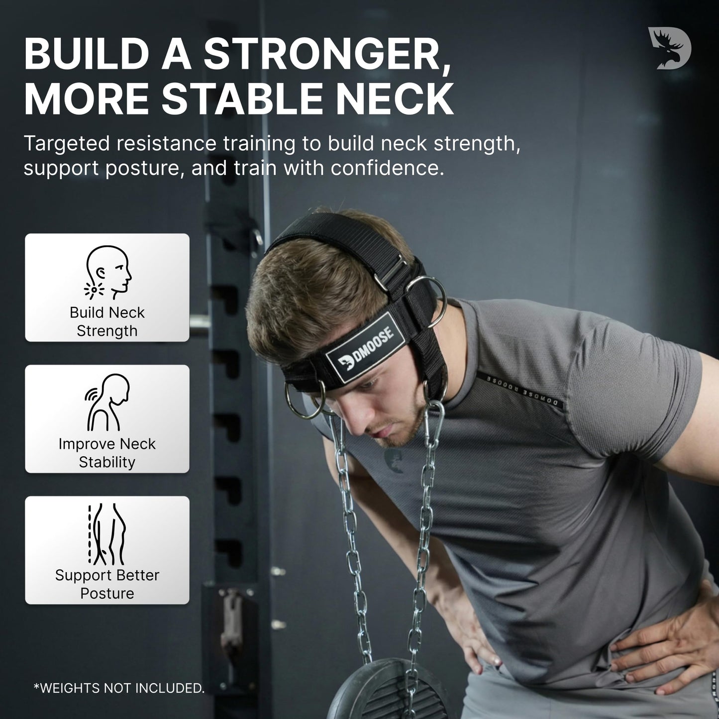 DMoose Fitness Neck Harness Plus for Weight Lifting - Soft Padded Head & Chin Strap with 30" Heavy Duty Steel Chain, 2 Bands & Door Anchor - Neck Exerciser & Strengthener (Neck Harness Plus)