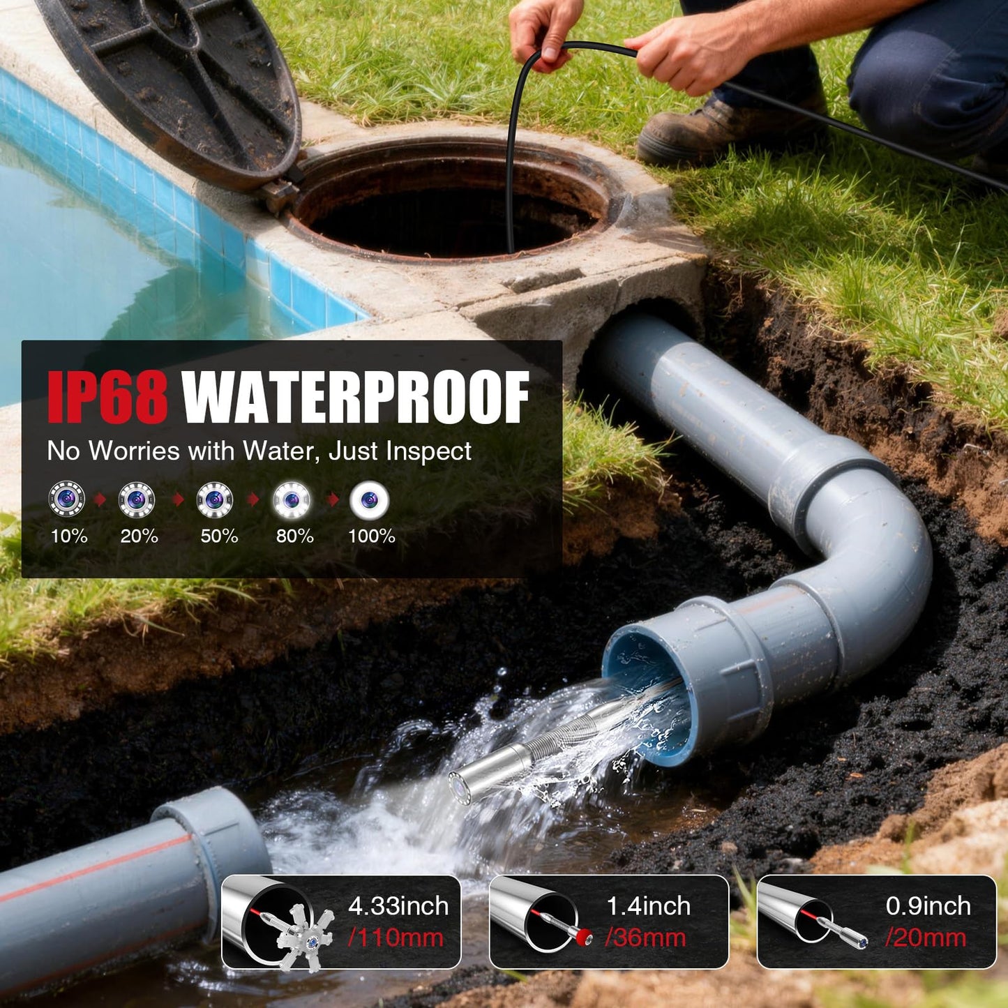 Self-Leveling Sewer Camera with 512Hz Locator, Distance Counter, 7mm Semi-Rigid Cable, 9 Inch 1080P IPS Screen, 23mm Waterproof Pipe Inspection Camera (200ft/60m)