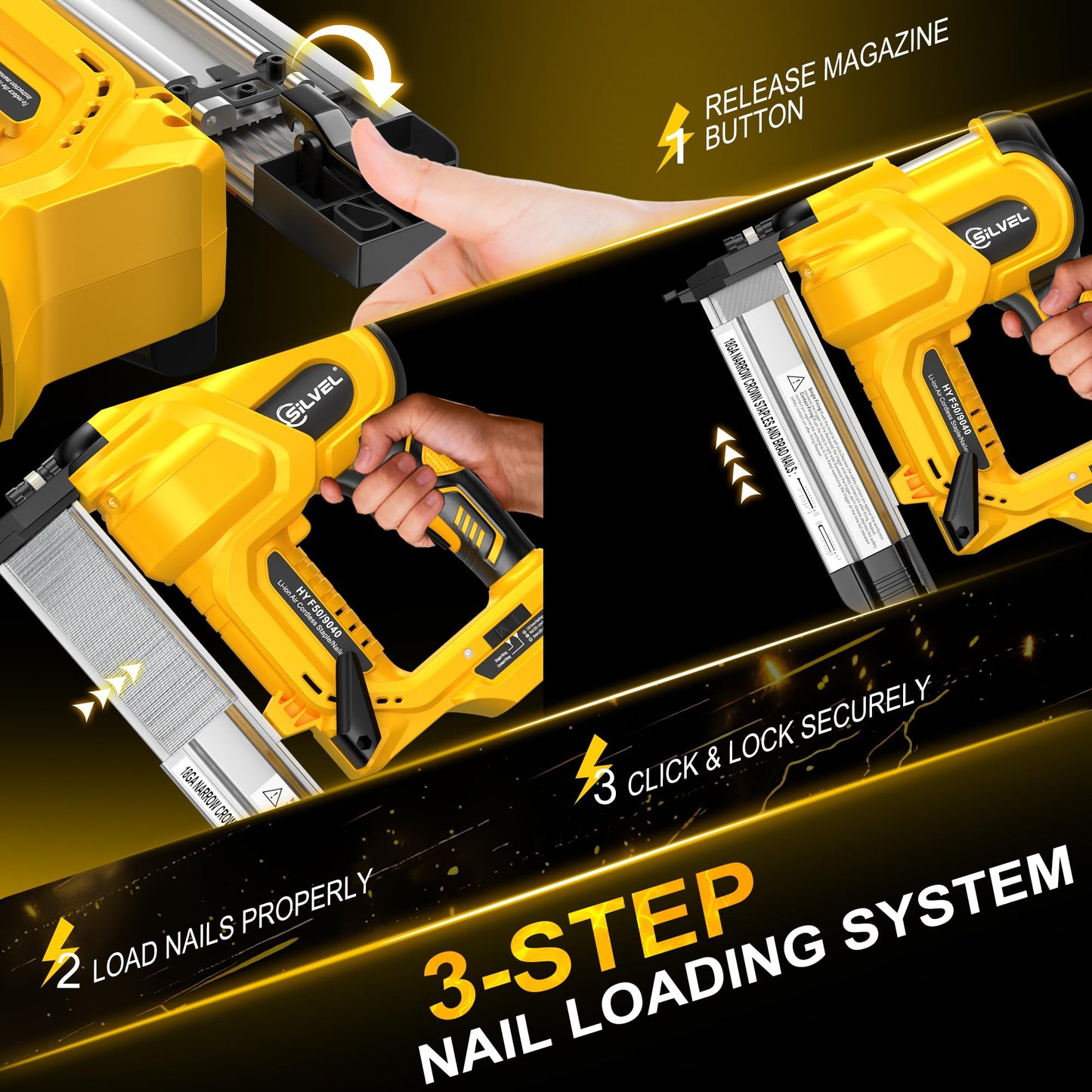 SILVEL 2" Cordless Brad Nailer, 2-in-1 21V Electric Brad Nailer with 2 * 2.0Ah Battery, 1000pcs Nails, 18GA Staples, Adjustable Depth for Woodworking, Home Improvement, yellow