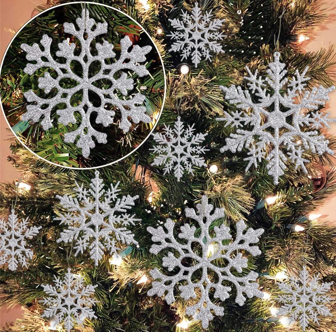Skiennix Silver Snowflake Ornaments - 36 Pack Glittery Plastic Decorations for Winter & Christmas Trees