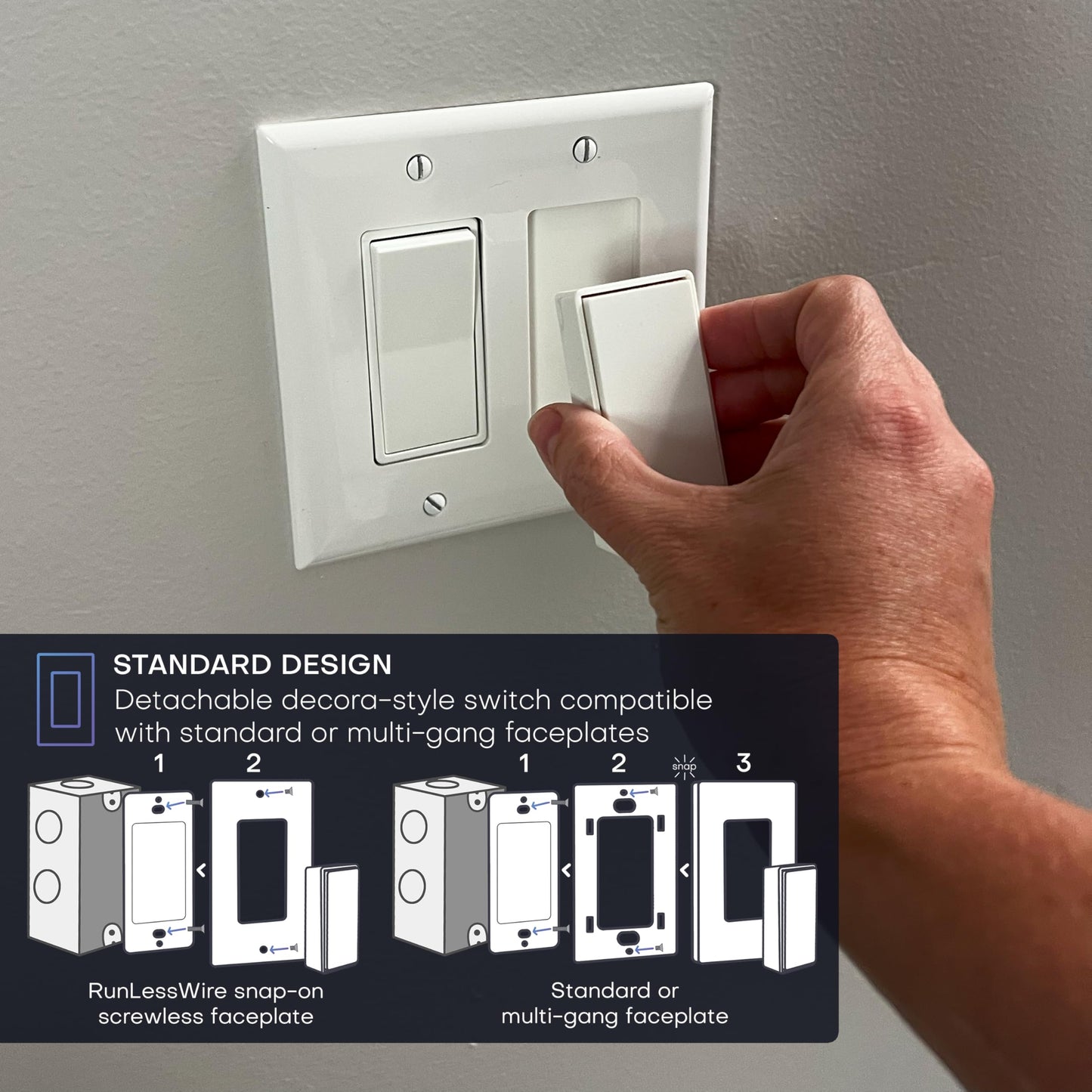 RunLessWire 3-Way Detachable Battery-Free Wireless Light Switch Kit 150ft RF Range for DIY Home Electrical Projects: 2 Removable Magnetic Remote Switches Control 1 5A On/Off Receiver - White