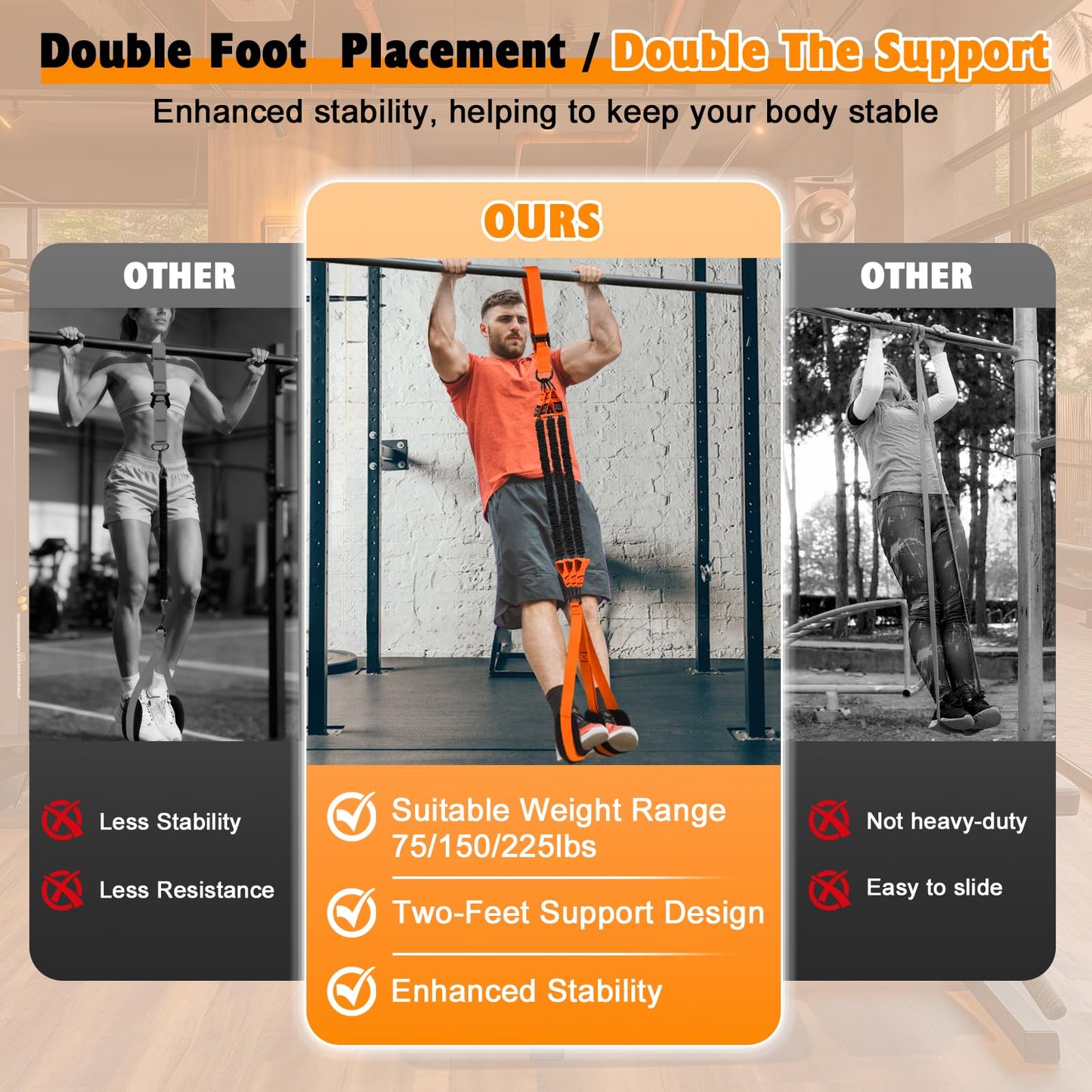 Pull Up Assistance Bands Set,3 Heavy Duty Pull-Up Bar Resistance Bands,Adjustable Weight/Height,Training Equipment with Handle and Foot Rest Unisex for Home & Gym/Muscle/Strength Training（Orange）